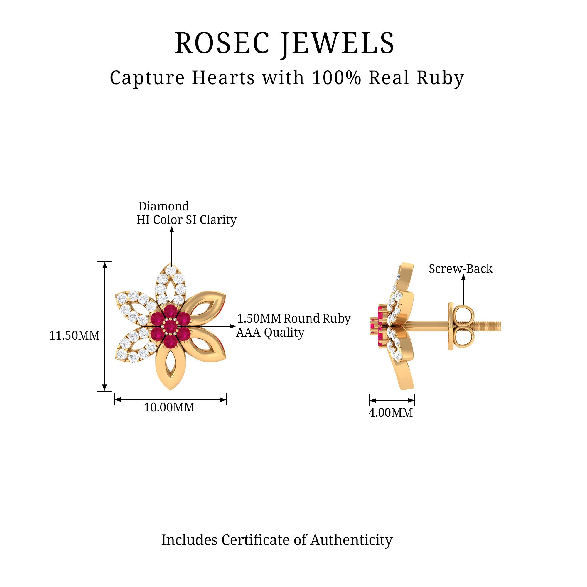 Ruby Floral Stud Earring with Diamond Accent Ruby - ( AAA ) - Quality - Rosec Jewels