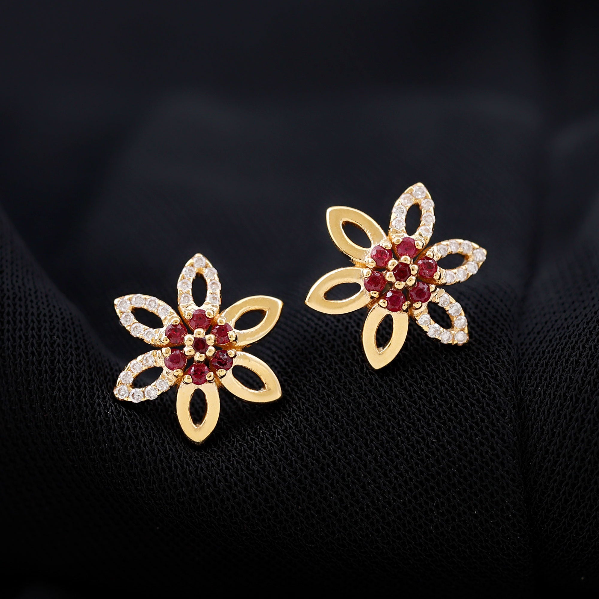 Ruby Floral Stud Earring with Diamond Accent Ruby - ( AAA ) - Quality - Rosec Jewels