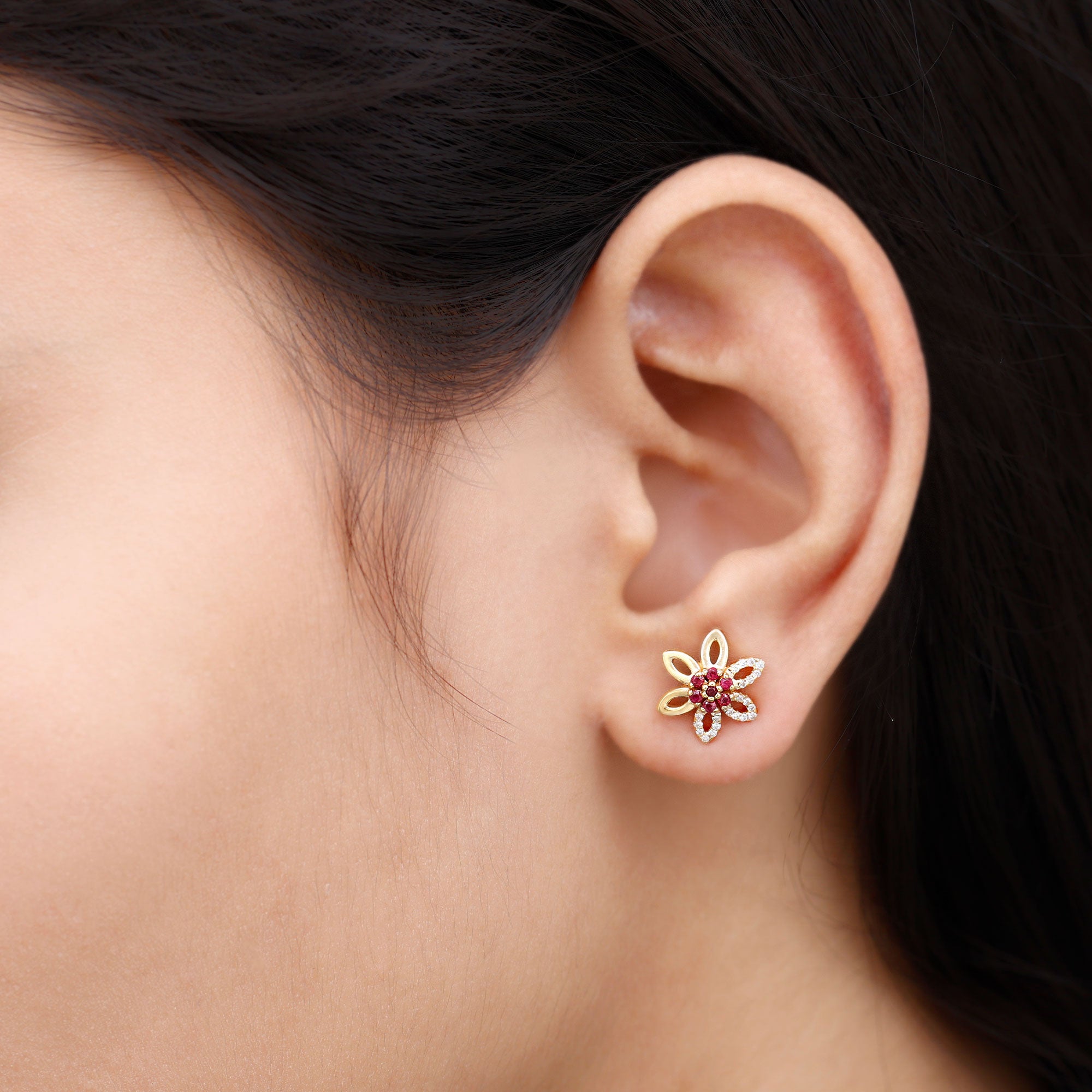 Ruby Floral Stud Earring with Diamond Accent Ruby - ( AAA ) - Quality - Rosec Jewels