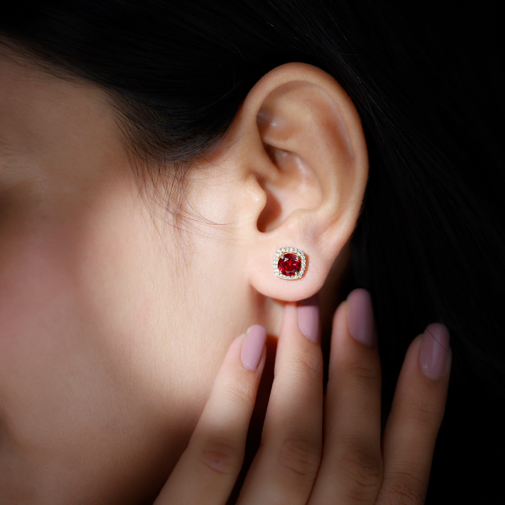 6 MM Round Lab Grown Ruby Halo Stud Earrings with Diamond Lab Created Ruby - ( AAAA ) - Quality - Rosec Jewels