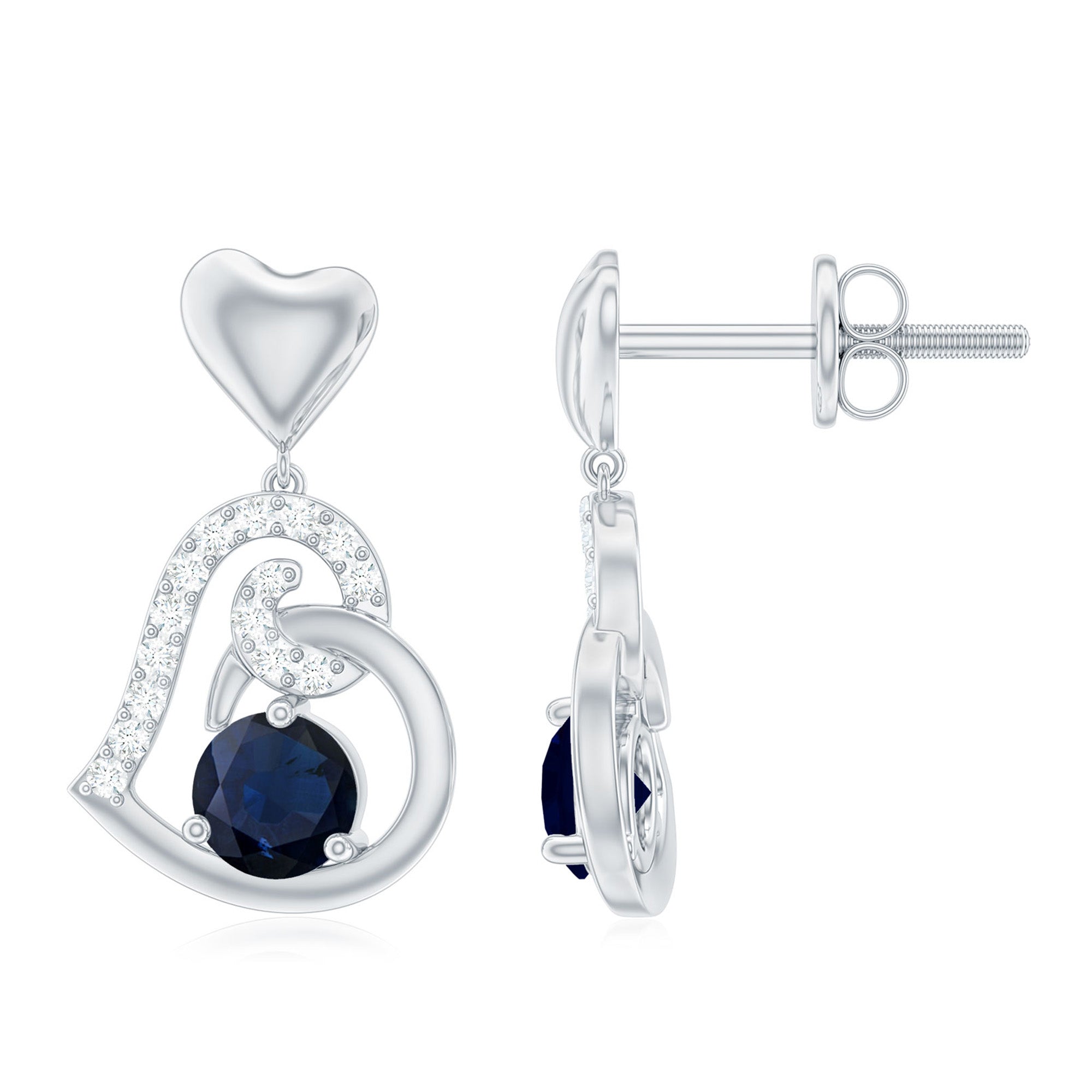 Blue Sapphire and Diamond Accent Heart Drop Earring Blue Sapphire - ( AAA ) - Quality - Rosec Jewels