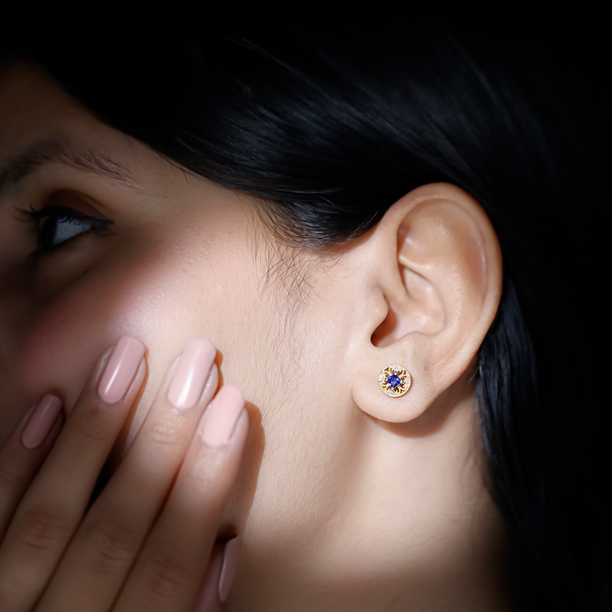 0.25 CT Antique Blue Sapphire and Diamond Beaded Stud Earrings Blue Sapphire - ( AAA ) - Quality - Rosec Jewels