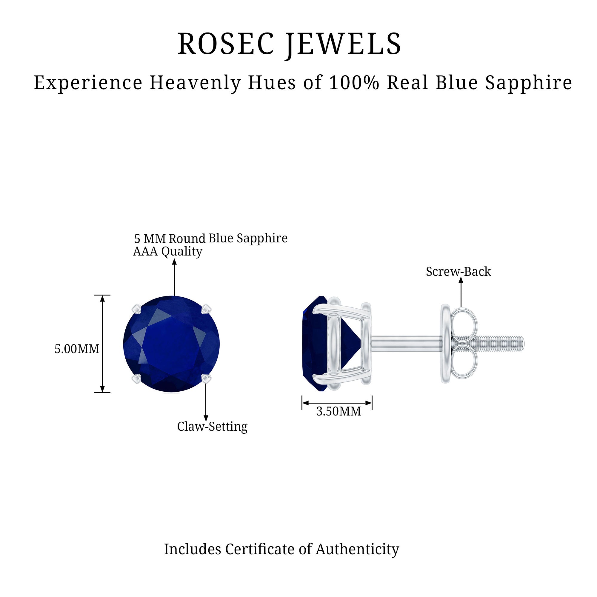 5 MM Round Blue Sapphire Solitaire Stud Earrings in Claw Setting Blue Sapphire - ( AAA ) - Quality - Rosec Jewels