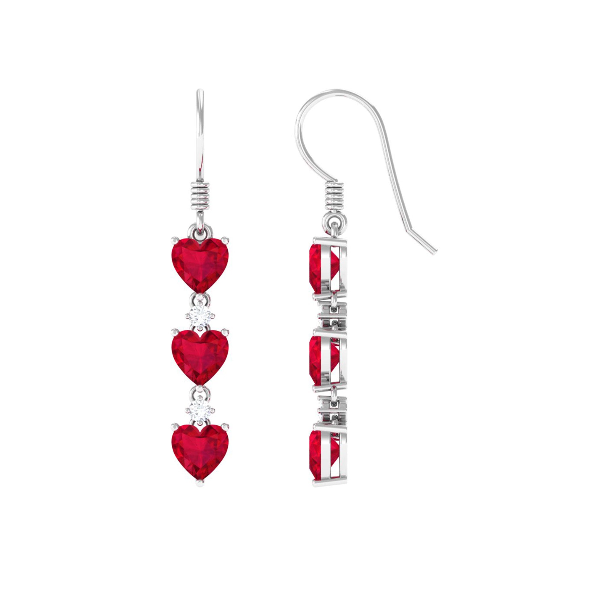 3 Heart Lab Grown Ruby Dangle Earrings with Moissanite Lab Created Ruby - ( AAAA ) - Quality - Rosec Jewels