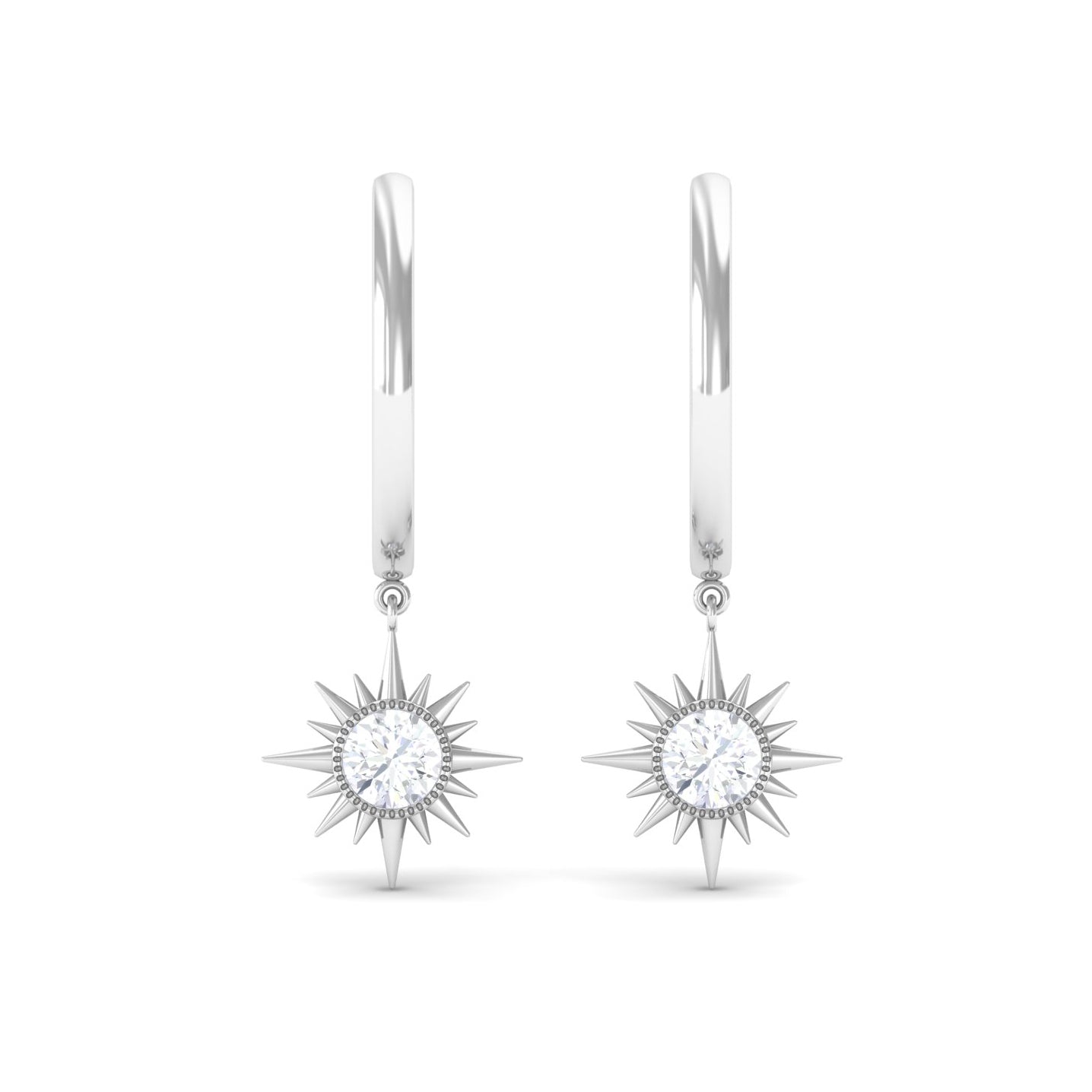 Bezel Set Round Moissanite Sunburst Hoop Drop Earrings Moissanite - ( D-VS1 ) - Color and Clarity - Rosec Jewels