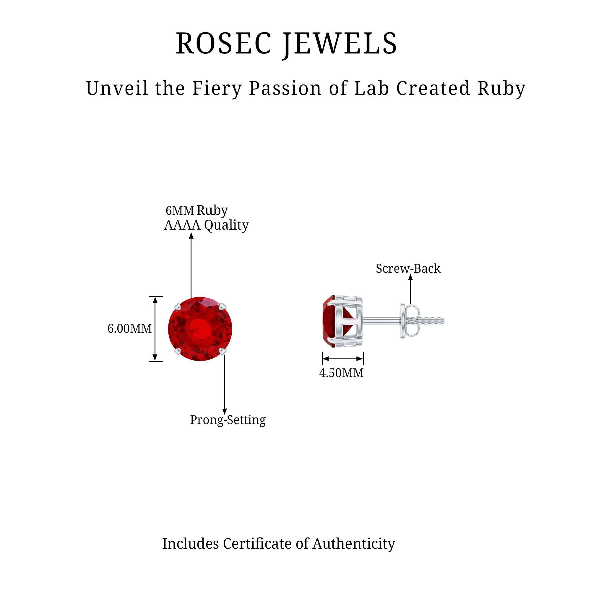 6 MM Round Cut Solitaire Lab Created Ruby Stud Earring for women Lab Created Ruby - ( AAAA ) - Quality - Rosec Jewels