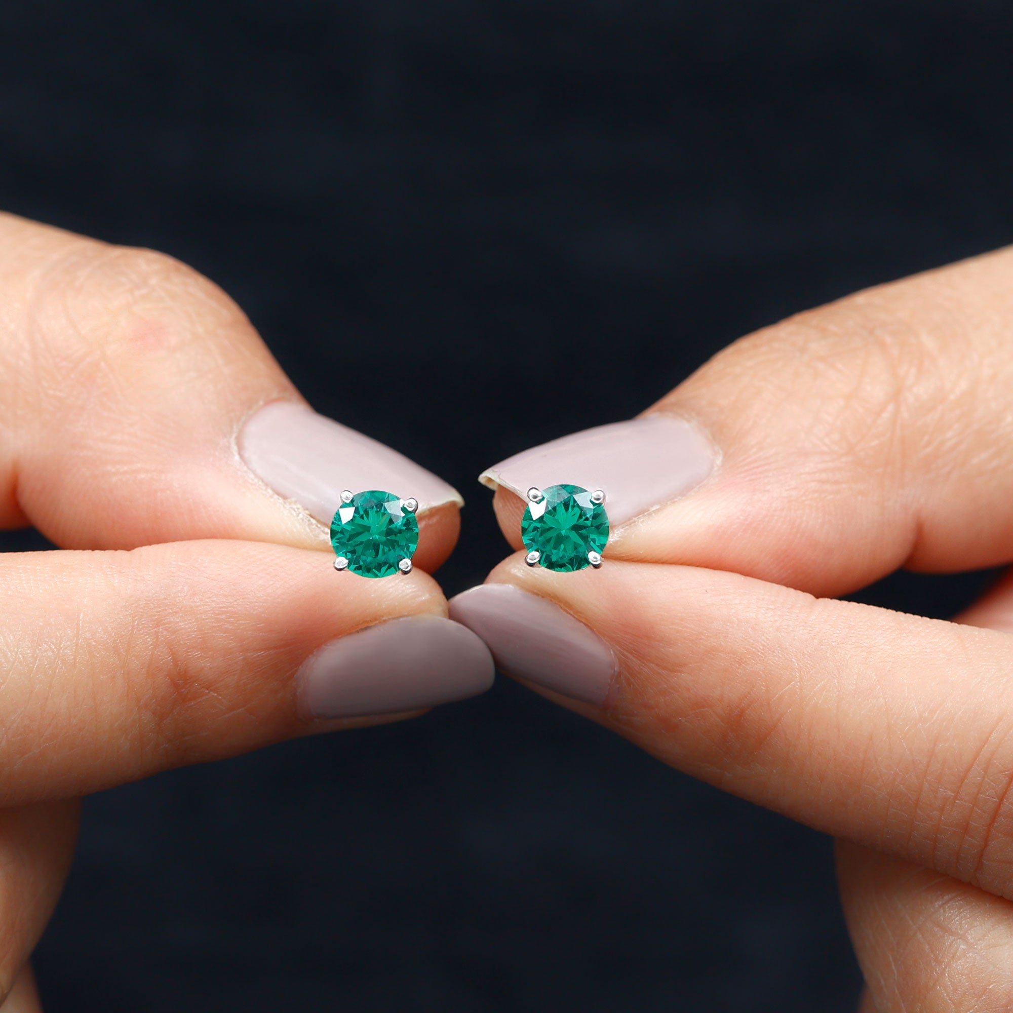 Elegant Created Emerald Solitaire Stud Earrings in Gold Lab Created Emerald - ( AAAA ) - Quality - Rosec Jewels