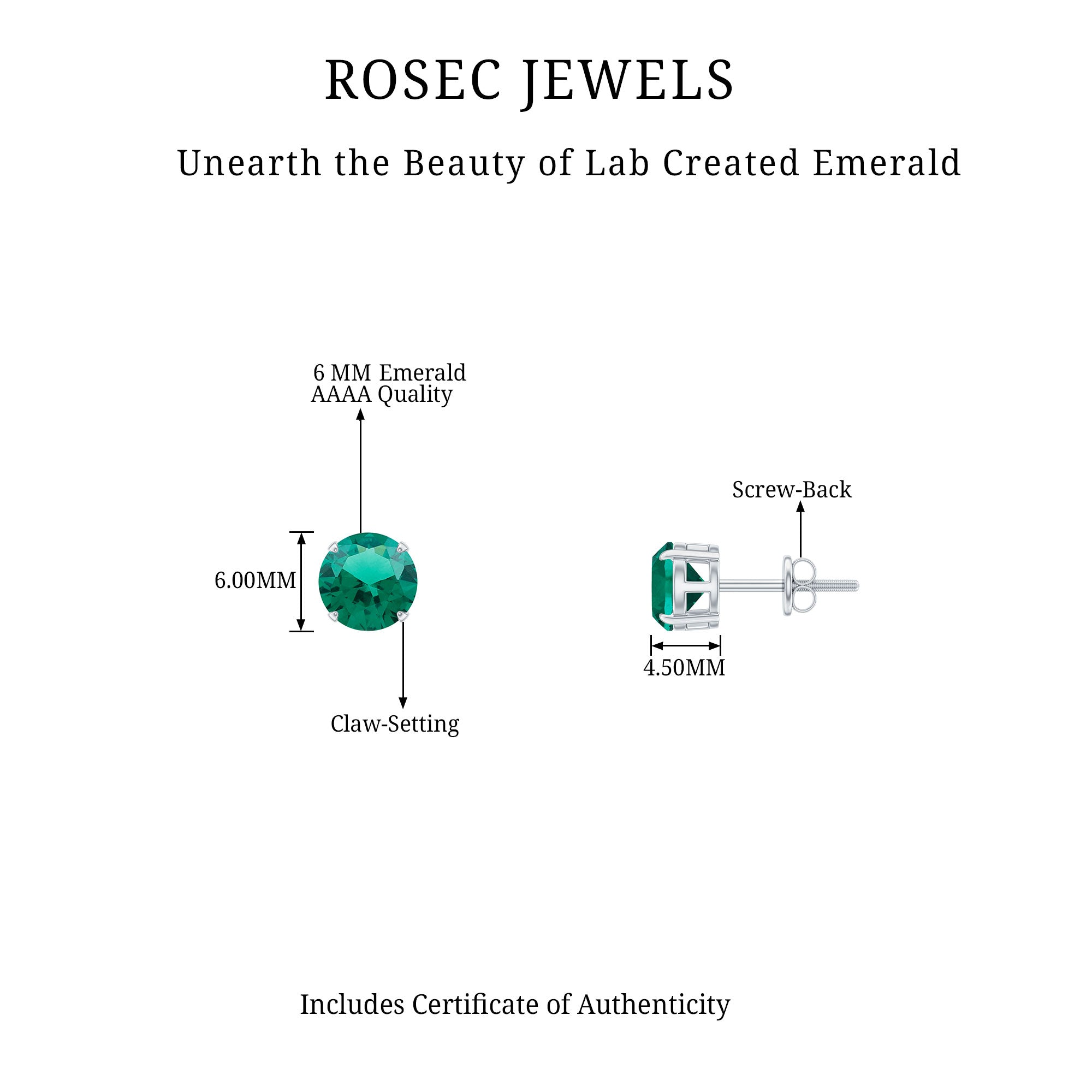 Elegant Created Emerald Solitaire Stud Earrings in Gold Lab Created Emerald - ( AAAA ) - Quality - Rosec Jewels