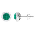 Halo Stud Earrings with Emerald and Diamond Emerald - ( AAA ) - Quality - Rosec Jewels