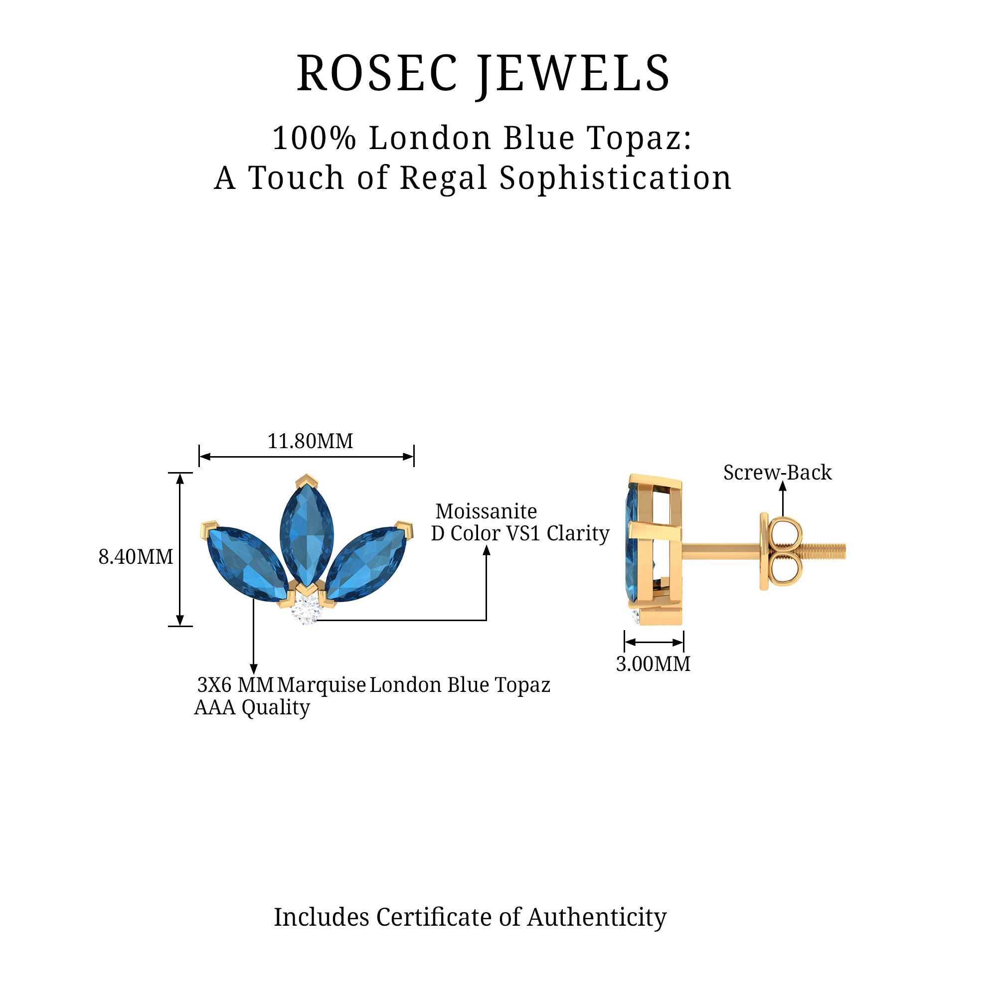 Floral Stud Earrings with London Blue Topaz and Moissanite London Blue Topaz - ( AAA ) - Quality - Rosec Jewels