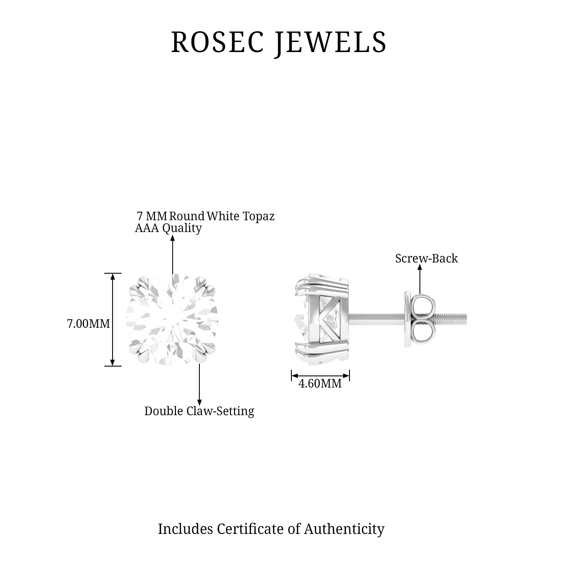 White Topaz Solitaire Stud Earrings White Topaz - ( AAA ) - Quality - Rosec Jewels