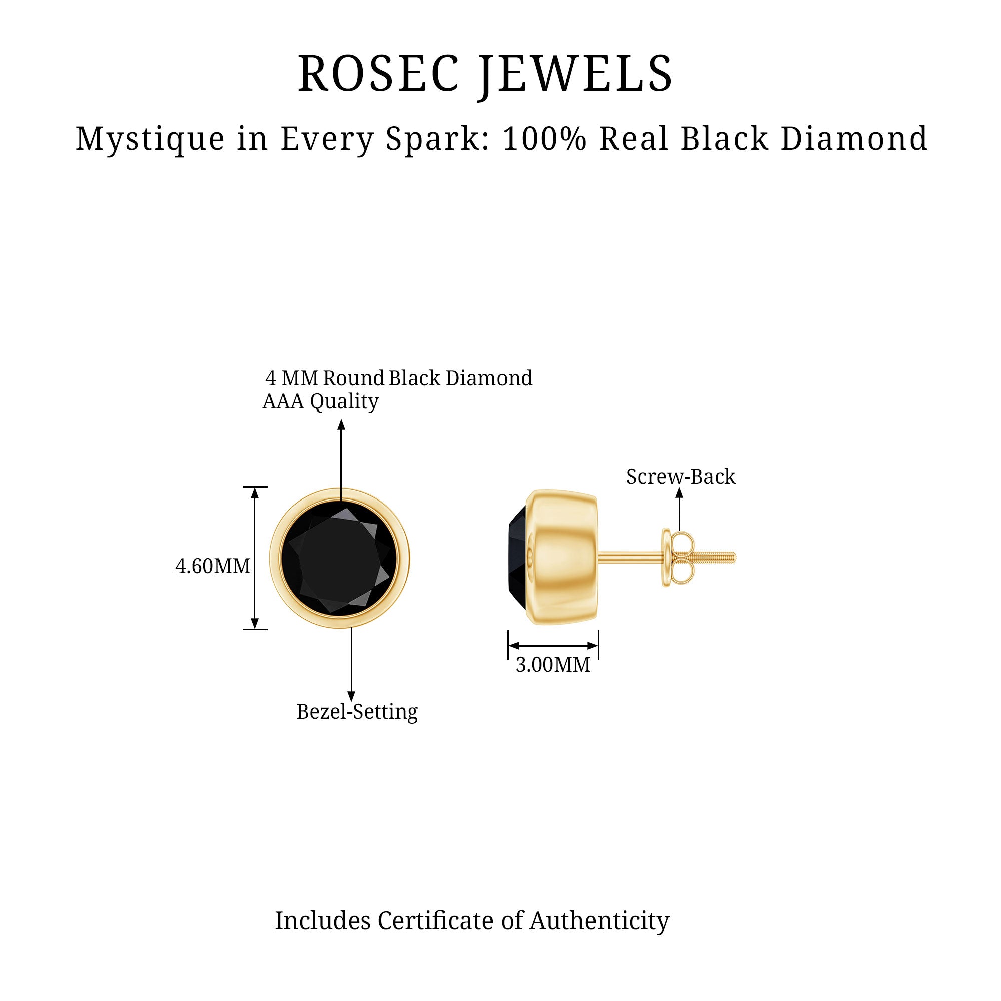 Bezel Set Round Shape Solitaire Black Diamond Stud Earrings Black Diamond - ( AAA ) - Quality - Rosec Jewels