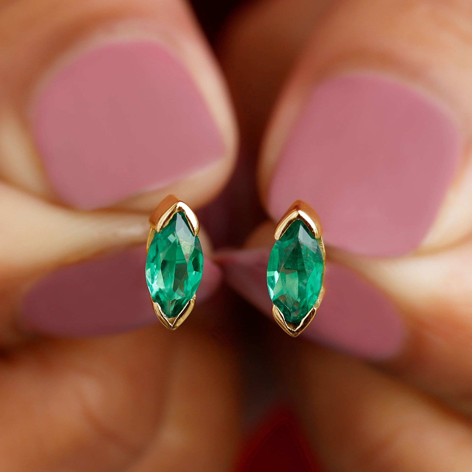 Marquise Cut Lab Grown Emerald Solitaire Stud Earrings Lab Created Emerald - ( AAAA ) - Quality - Rosec Jewels