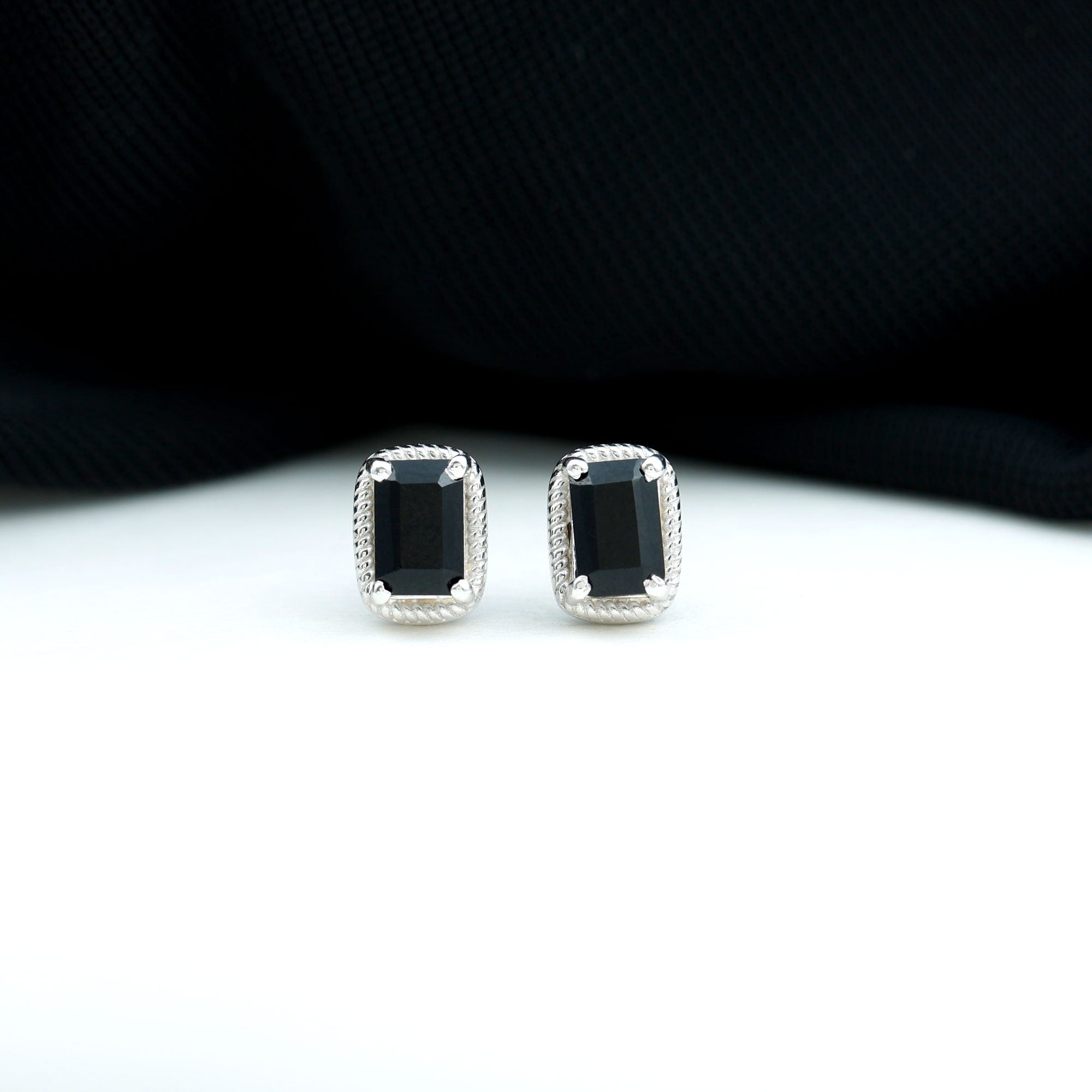 4X6 MM Octagon Cut Black Onyx Solitaire Stud Earring in 4 Prong Setting with Twisted Rose Frame Black Onyx - ( AAA ) - Quality - Rosec Jewels