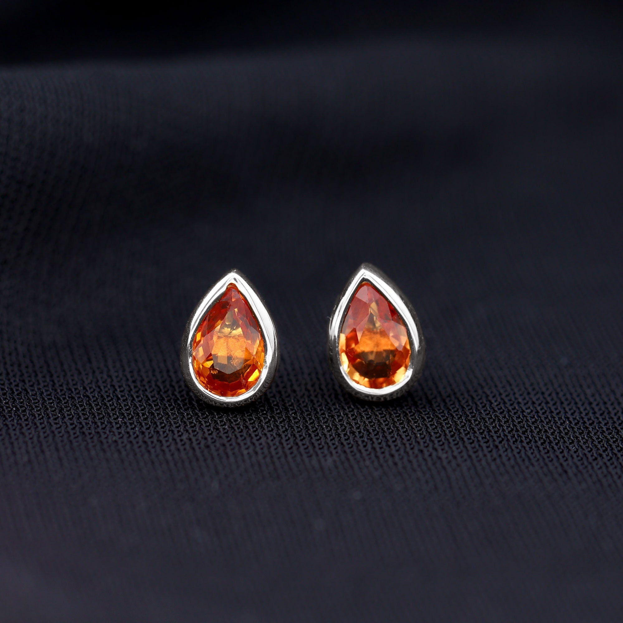 4X6 MM Pear Cut Orange Sapphire Solitaire Stud Earrings in Bezel Setting Orange Sapphire - ( AAA ) - Quality - Rosec Jewels