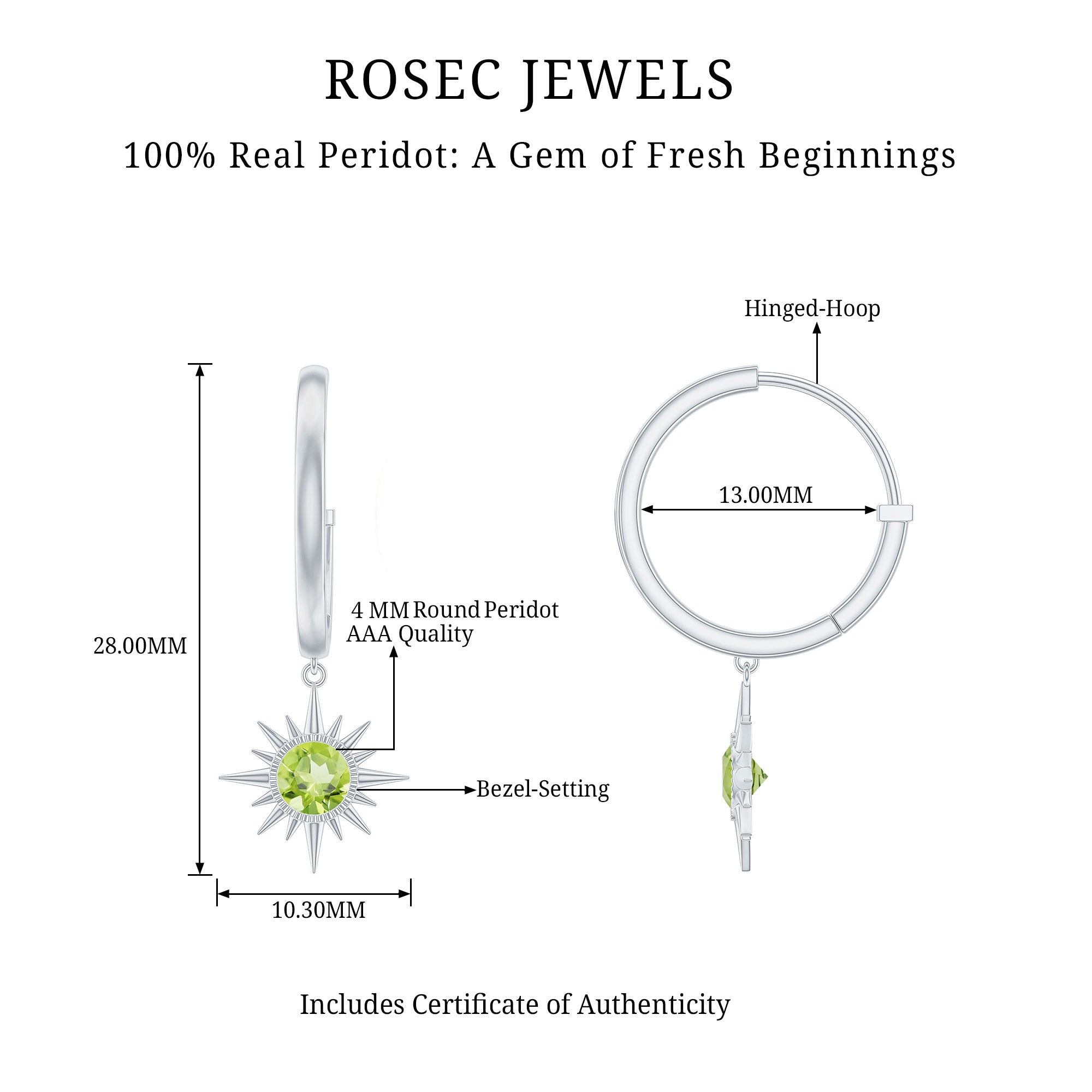 4 MM Round Shape Peridot and Gold Sunburst Hoop Drop Earrings For Women Peridot - ( AAA ) - Quality - Rosec Jewels