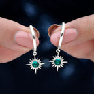 Round Cut Created Emerald Sunburst Hoop Drop Earrings Lab Created Emerald - ( AAAA ) - Quality - Rosec Jewels