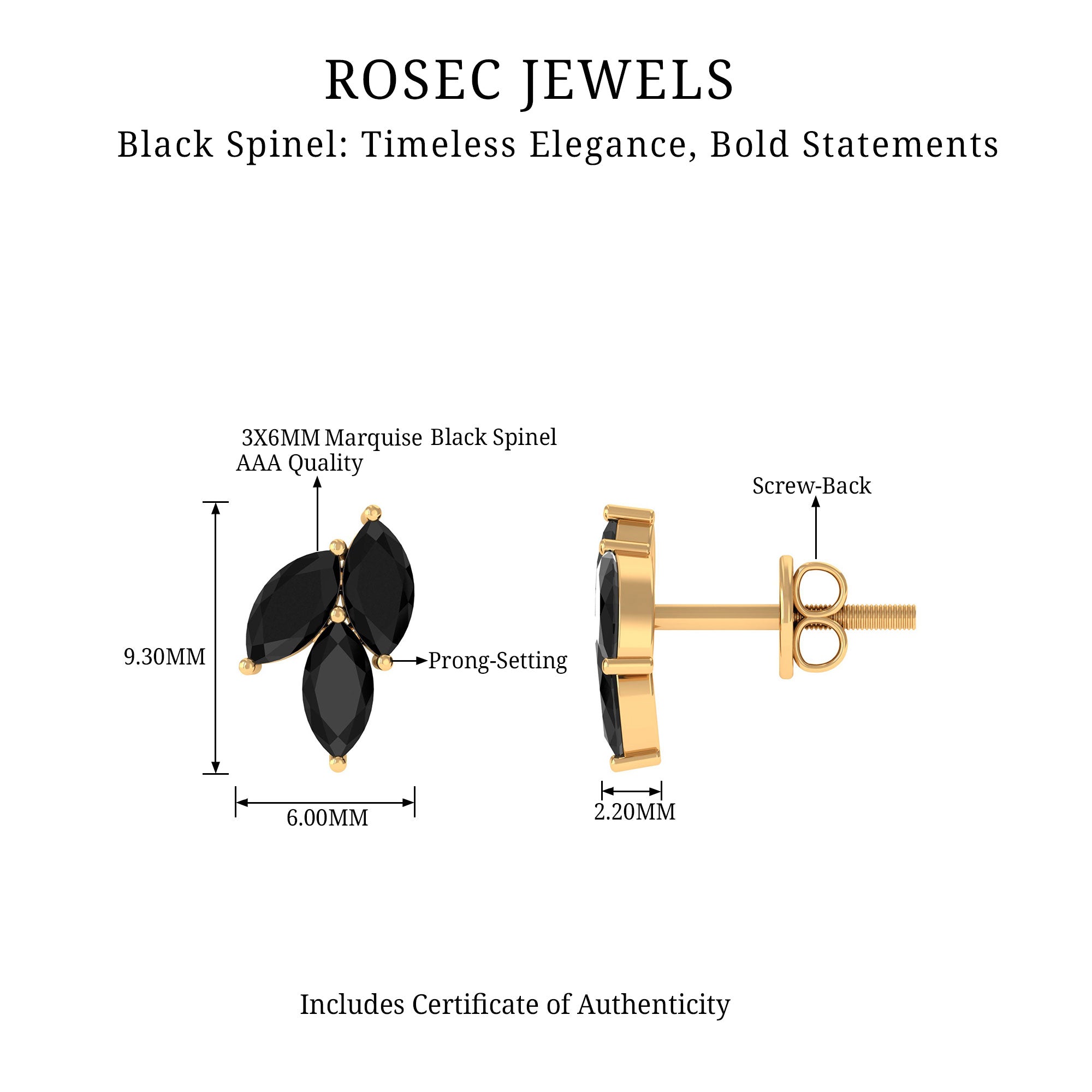 1.25 CT Marquise Black Spinel Leaf Cluster Stud Earrings in Prong Setting Black Spinel - ( AAA ) - Quality - Rosec Jewels