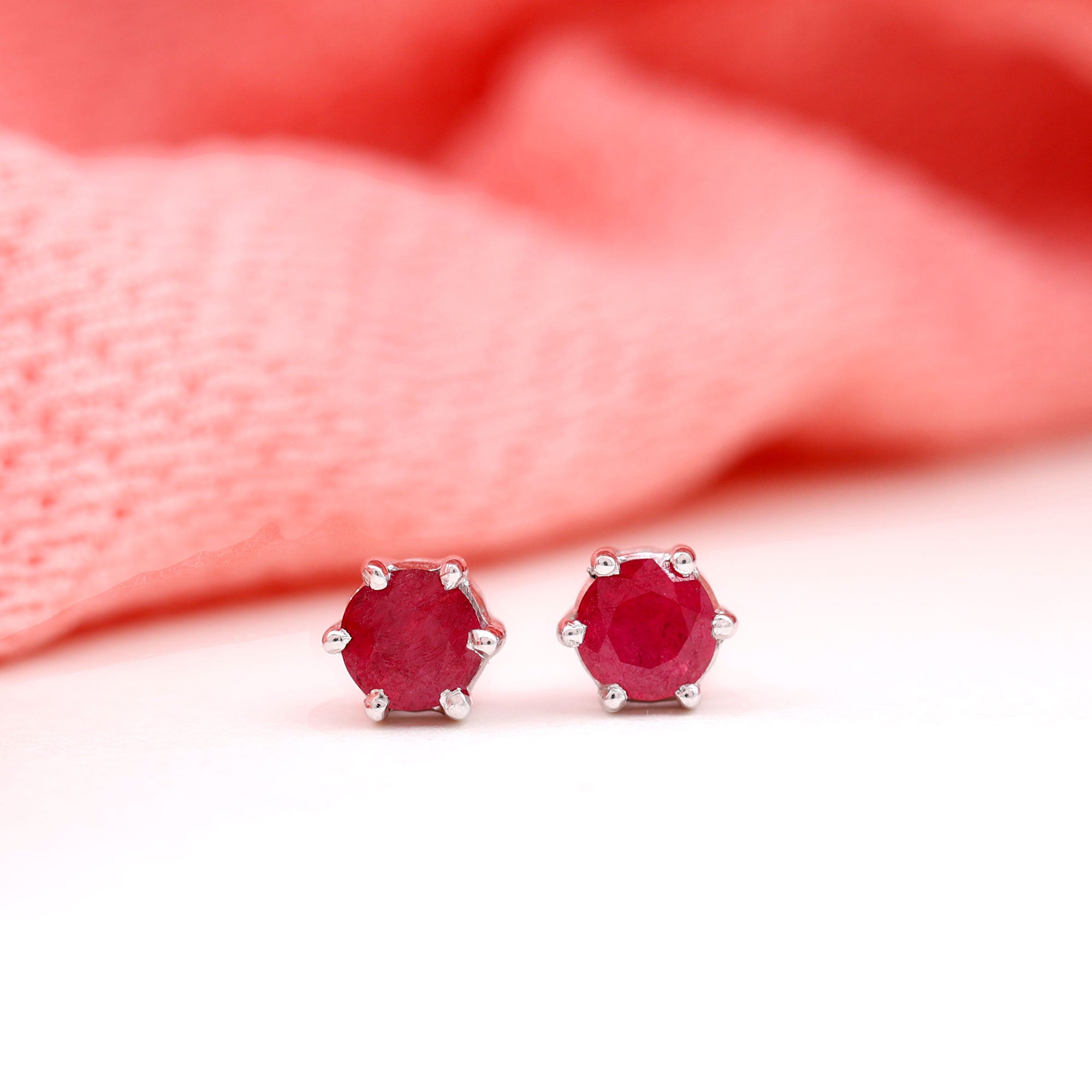 4 MM Genuine Ruby Solitaire Stud Earrings in 6 Prong Setting Ruby - ( AAA ) - Quality - Rosec Jewels