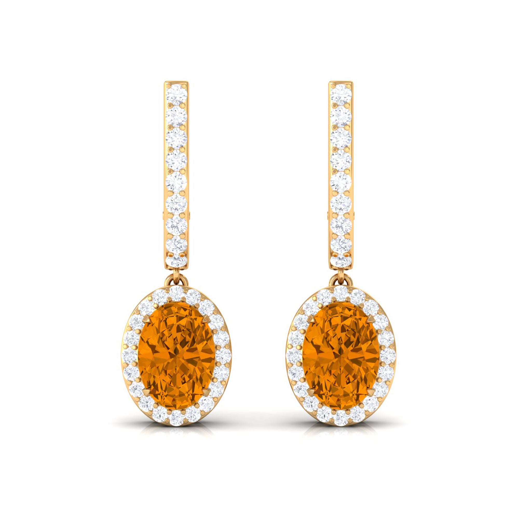 Classic Oval Citrine Hoop Drop Earrings with Moissanite Halo Citrine - ( AAA ) - Quality - Rosec Jewels