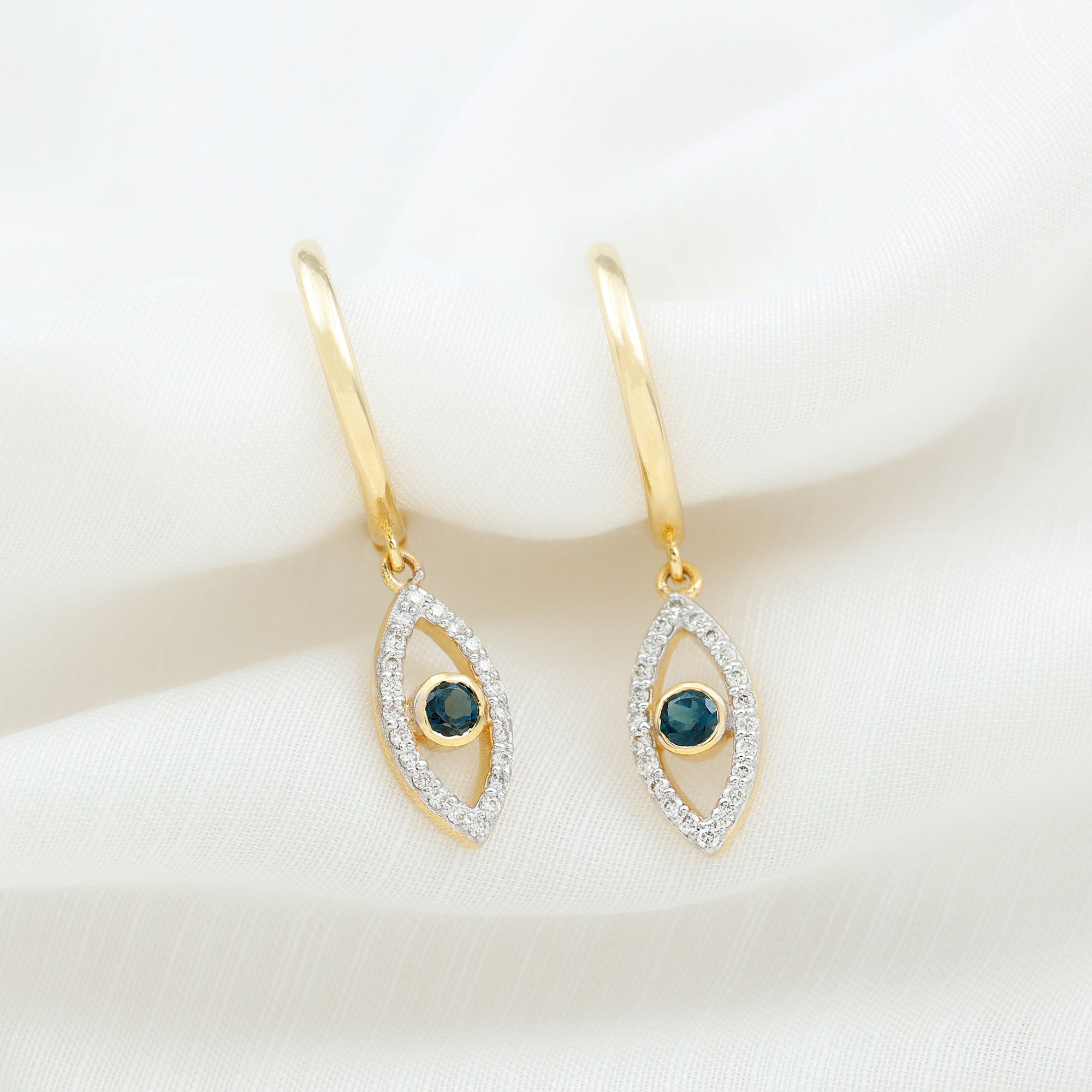 London Blue Topaz and Diamond Evil Eye Hoop Drop Earrings London Blue Topaz - ( AAA ) - Quality - Rosec Jewels