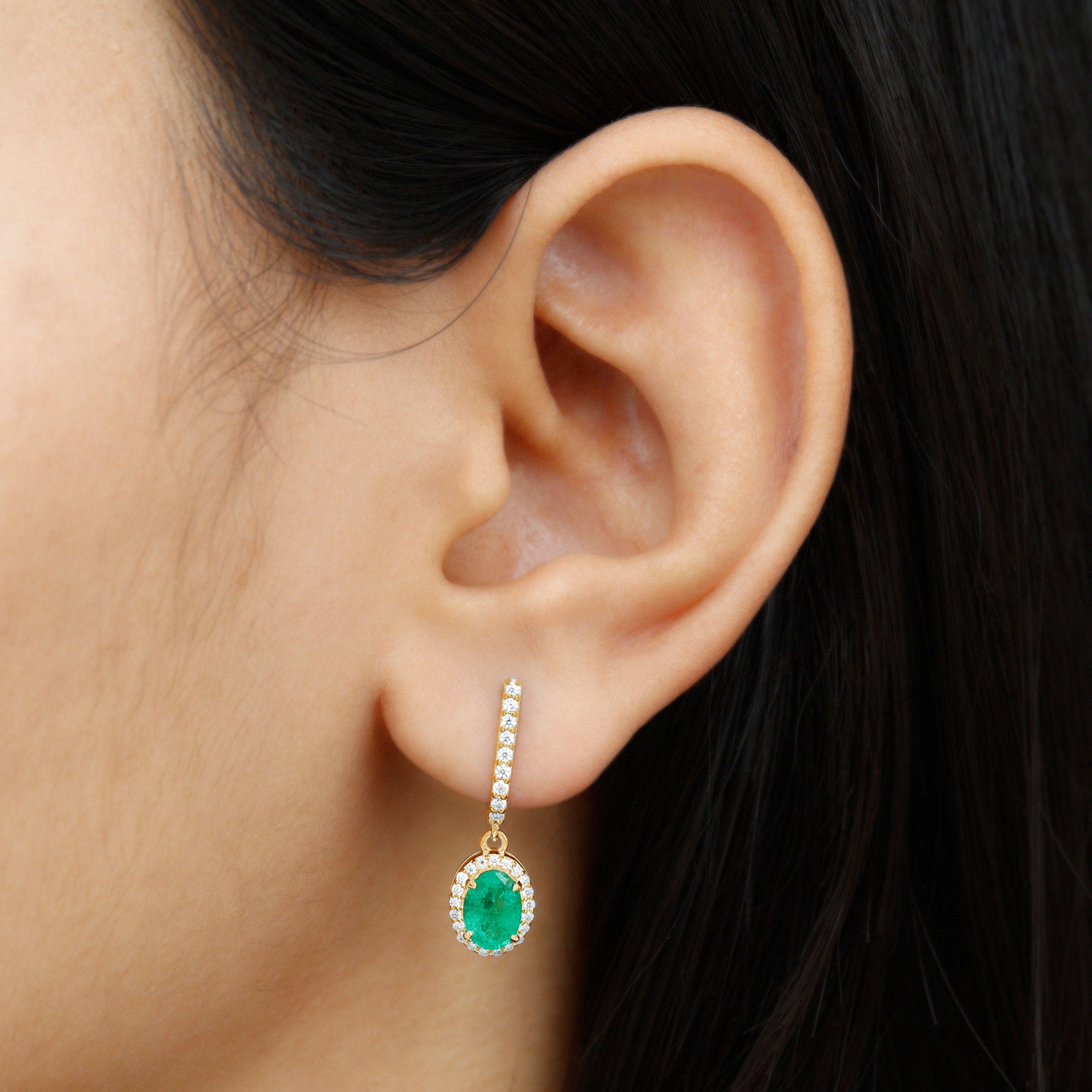 1.75 CT Classic Emerald J Hoop Drop Earrings with Diamond Emerald - ( AAA ) - Quality - Rosec Jewels