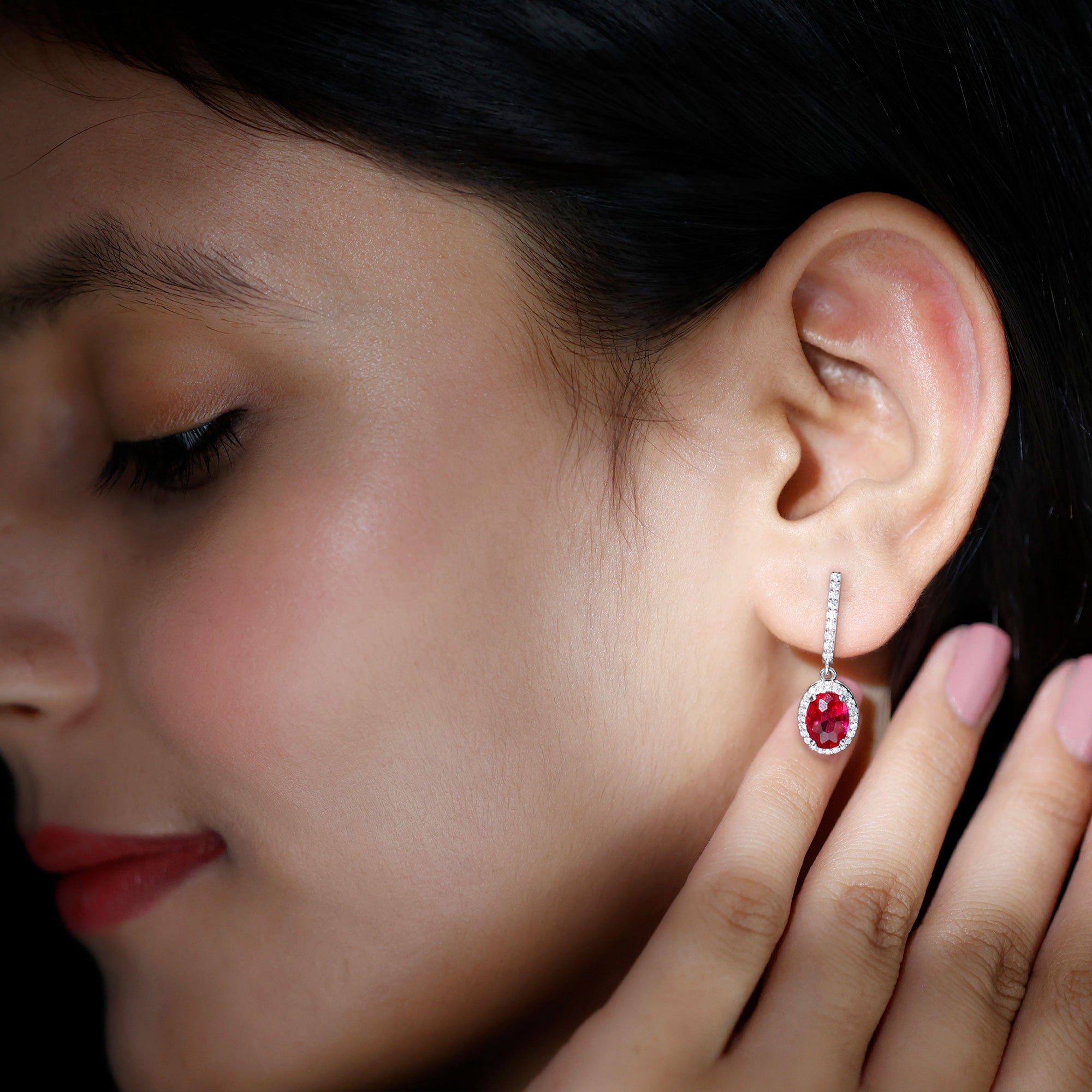 Oval Lab-Created Ruby Hoop Drop Earrings with Diamond Halo Lab Created Ruby - ( AAAA ) - Quality - Rosec Jewels