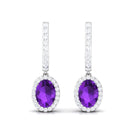 Oval Amethyst Hoop Drop Earrings with Diamond Halo Amethyst - ( AAA ) - Quality - Rosec Jewels