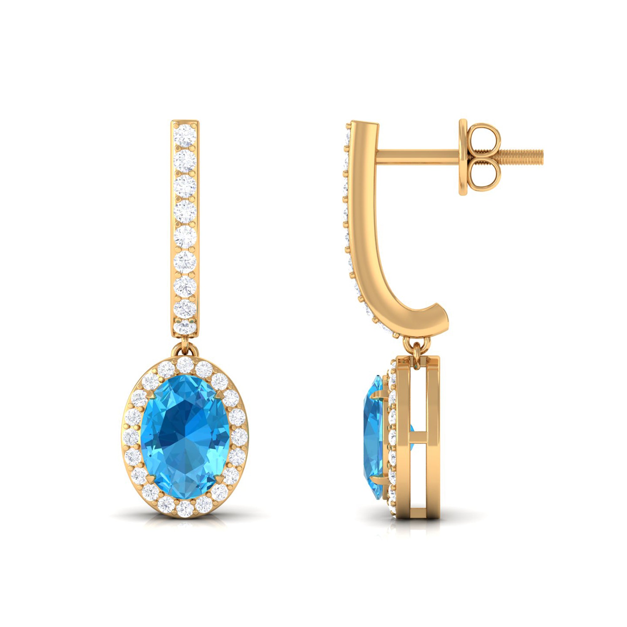 Oval Swiss Blue Topaz Hoop Drop Earrings with Diamond Halo Swiss Blue Topaz - ( AAA ) - Quality - Rosec Jewels