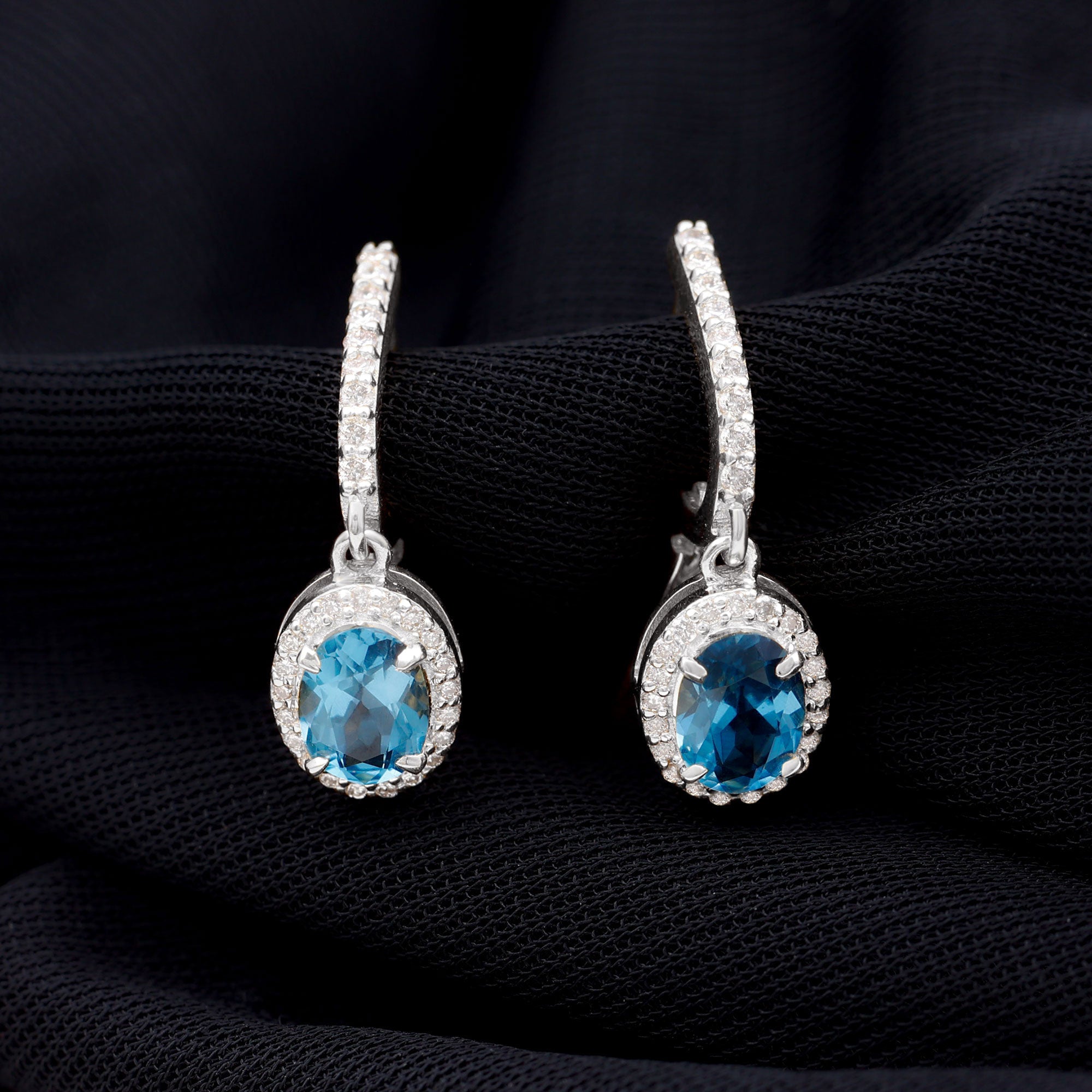 2.75 CT Oval London Blue Topaz and Diamond Hoop Drop Earrings London Blue Topaz - ( AAA ) - Quality - Rosec Jewels