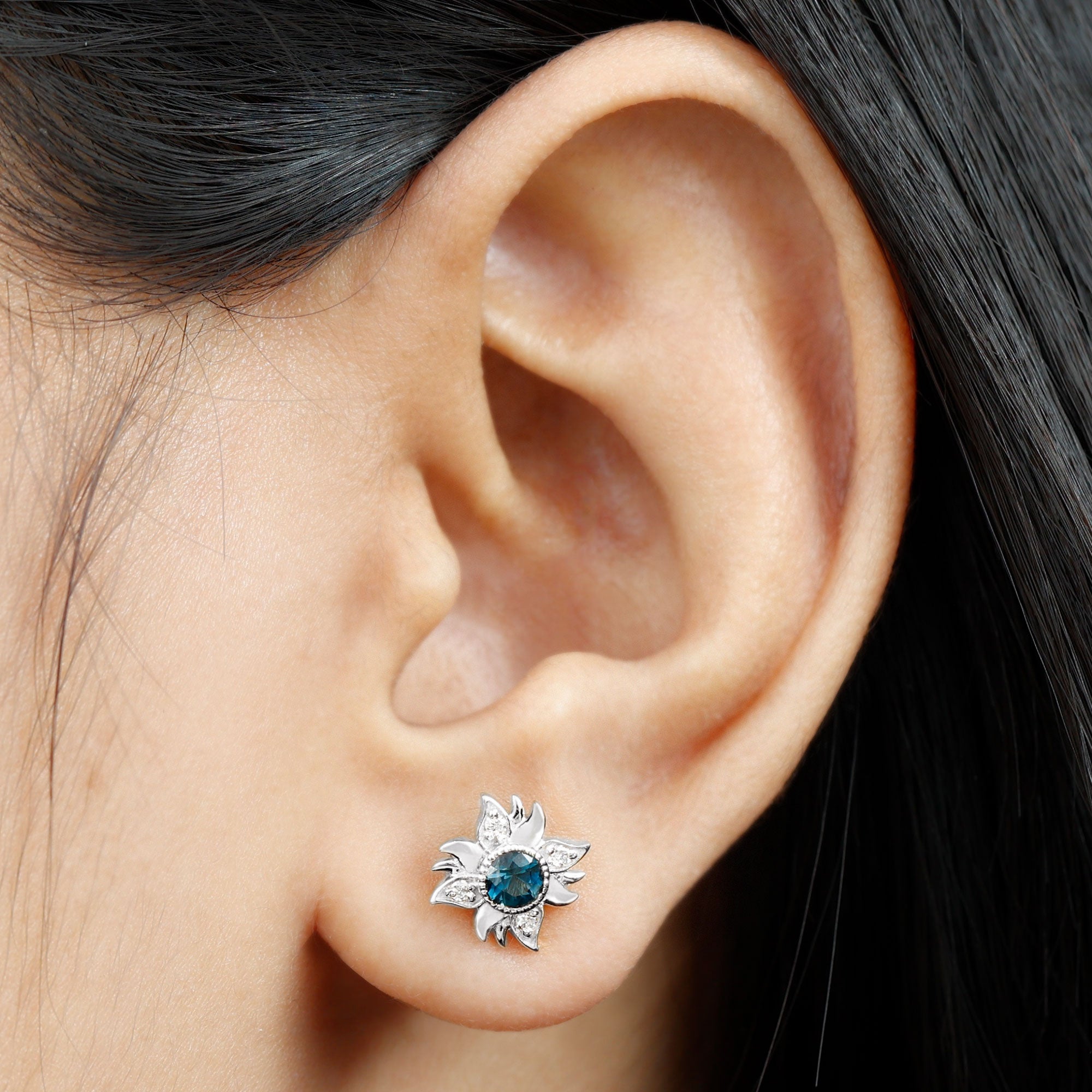 1/2 CT Round Shape London Blue Topaz and Diamond Sunburst Stud Earrings London Blue Topaz - ( AAA ) - Quality 92.5 Sterling Silver - Rosec Jewels