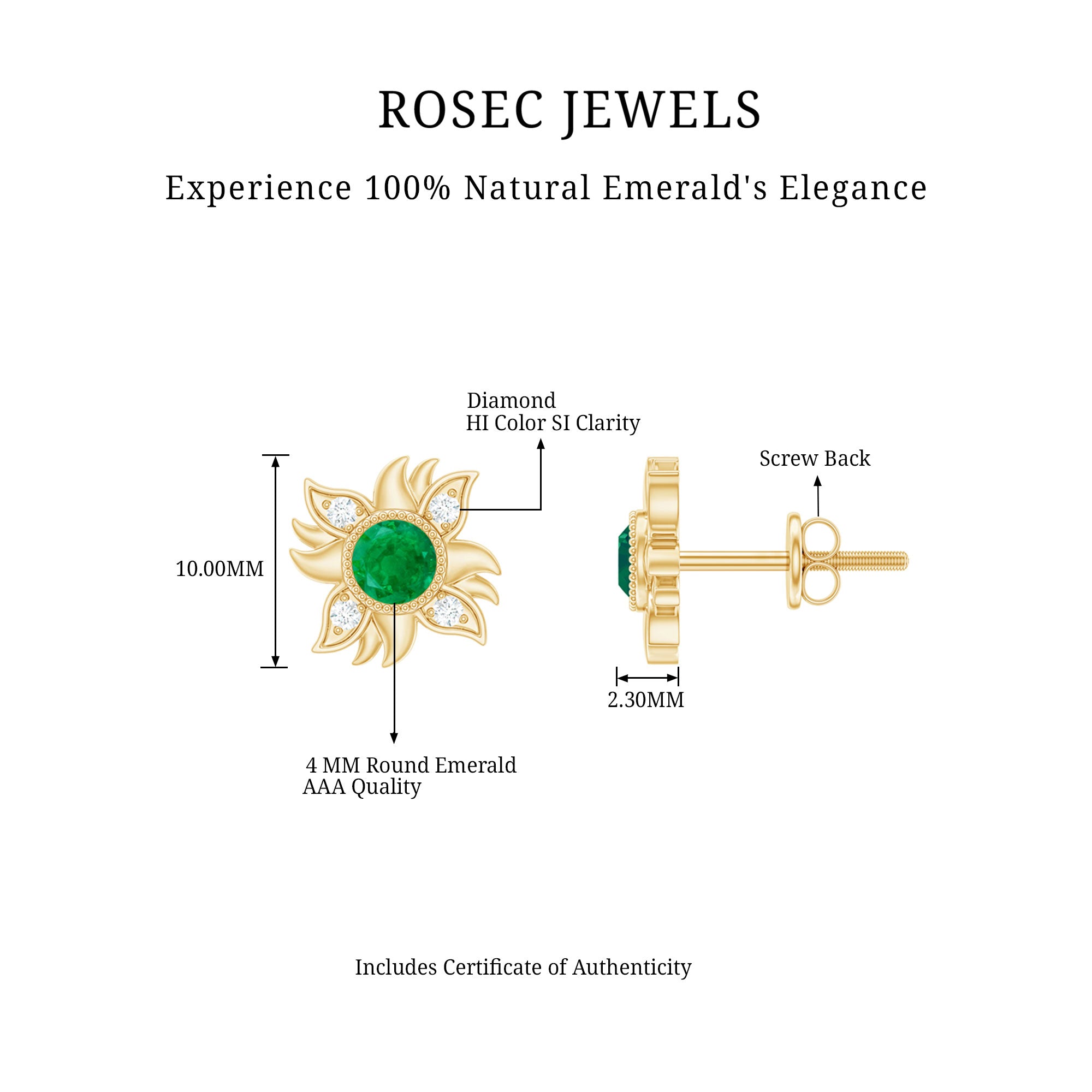 1/2 CT Round Shape Emerald and Diamond Sunburst Stud Earrings Emerald - ( AAA ) - Quality - Rosec Jewels