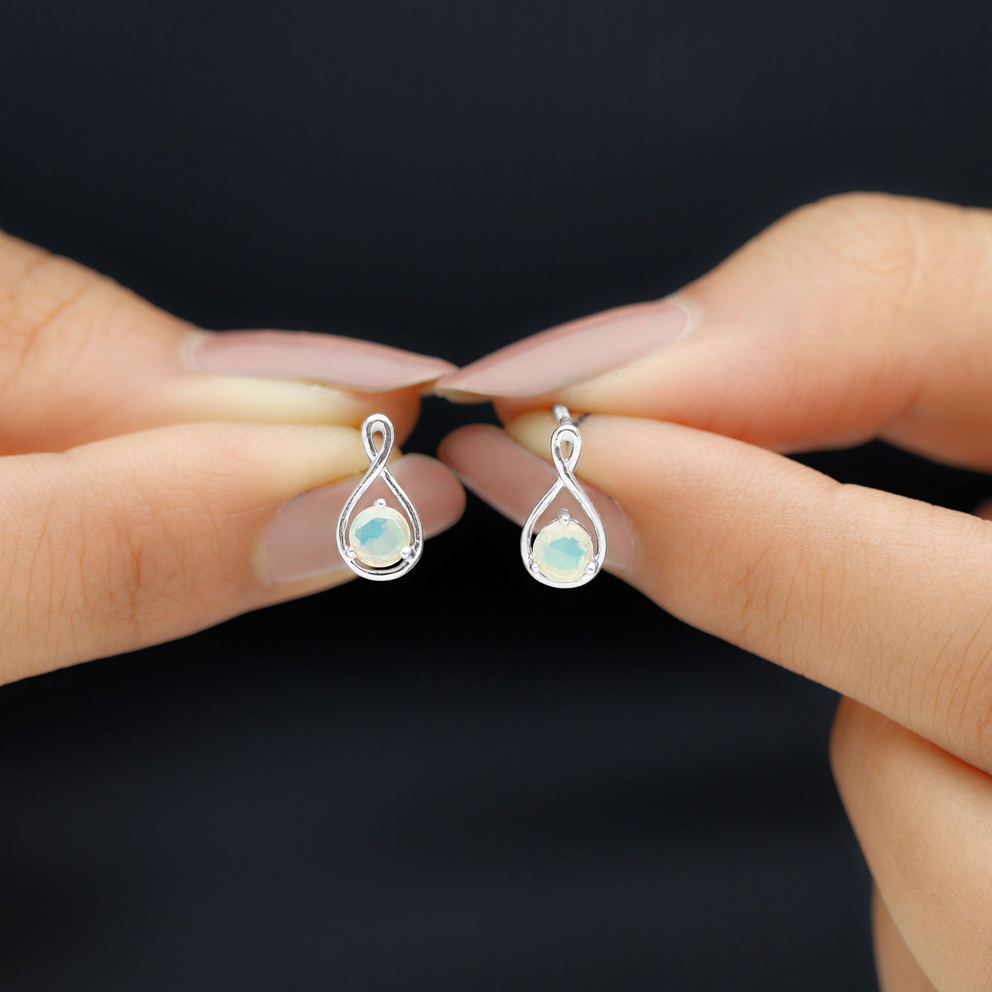 Simple Ethiopian Opal Solitaire Infinity Stud Earrings Ethiopian Opal - ( AAA ) - Quality - Rosec Jewels