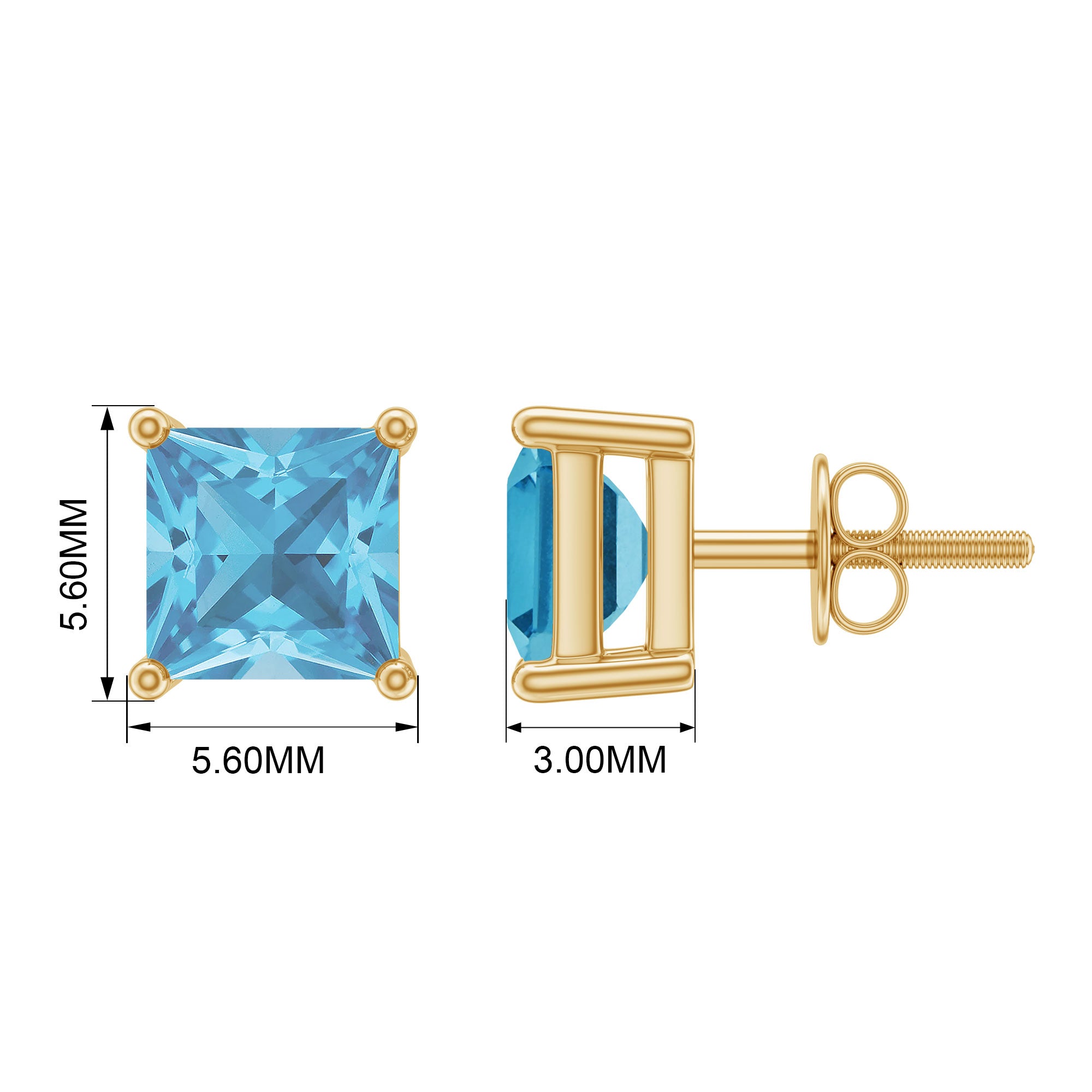 4 MM Princess Cut Swiss Blue Topaz Solitaire Stud Earrings in 4 Prong Setting Swiss Blue Topaz - ( AAA ) - Quality - Rosec Jewels