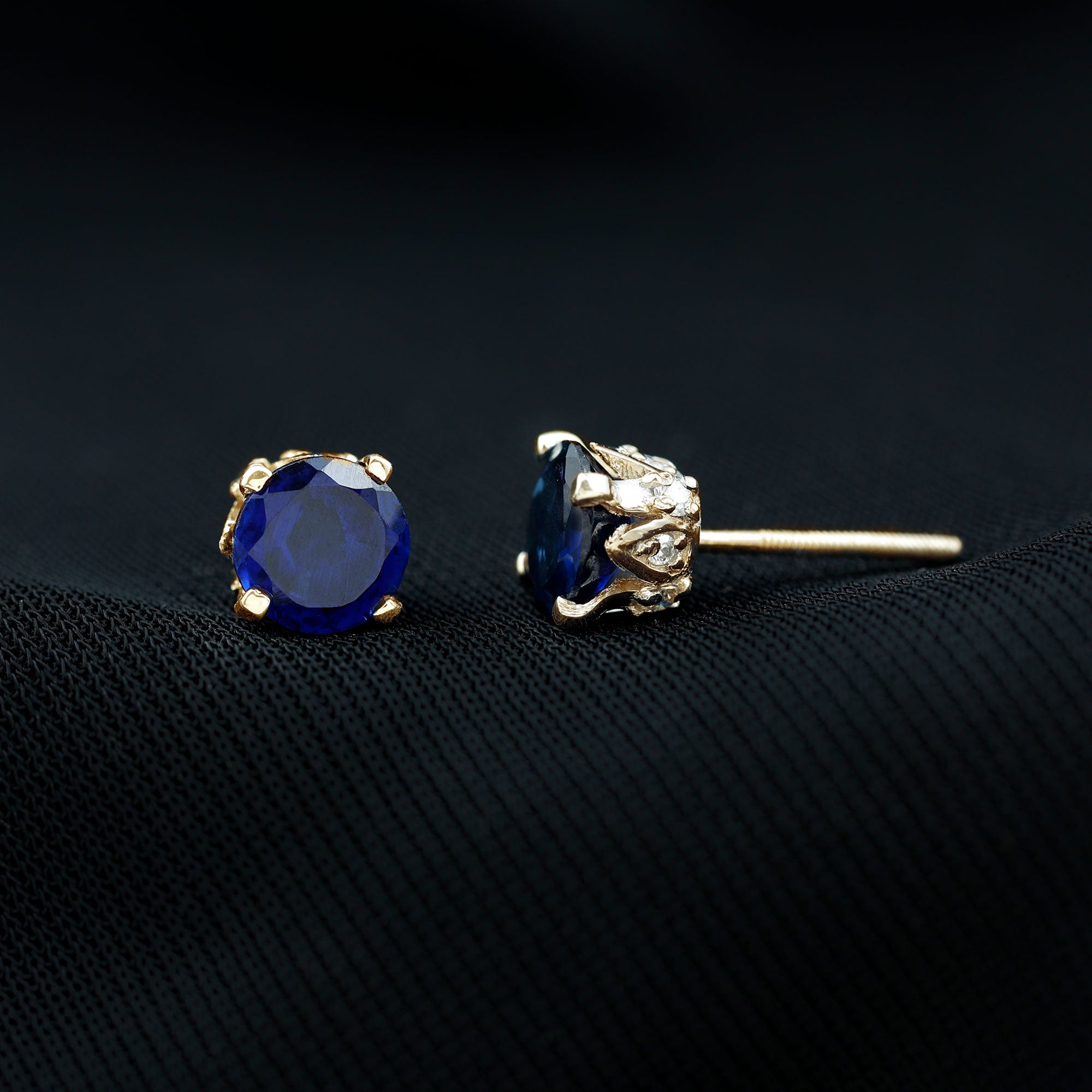 Round Cut Created Blue Sapphire Solitaire Stud Earrings with Moissanite Accent Lab Created Blue Sapphire - ( AAAA ) - Quality - Rosec Jewels