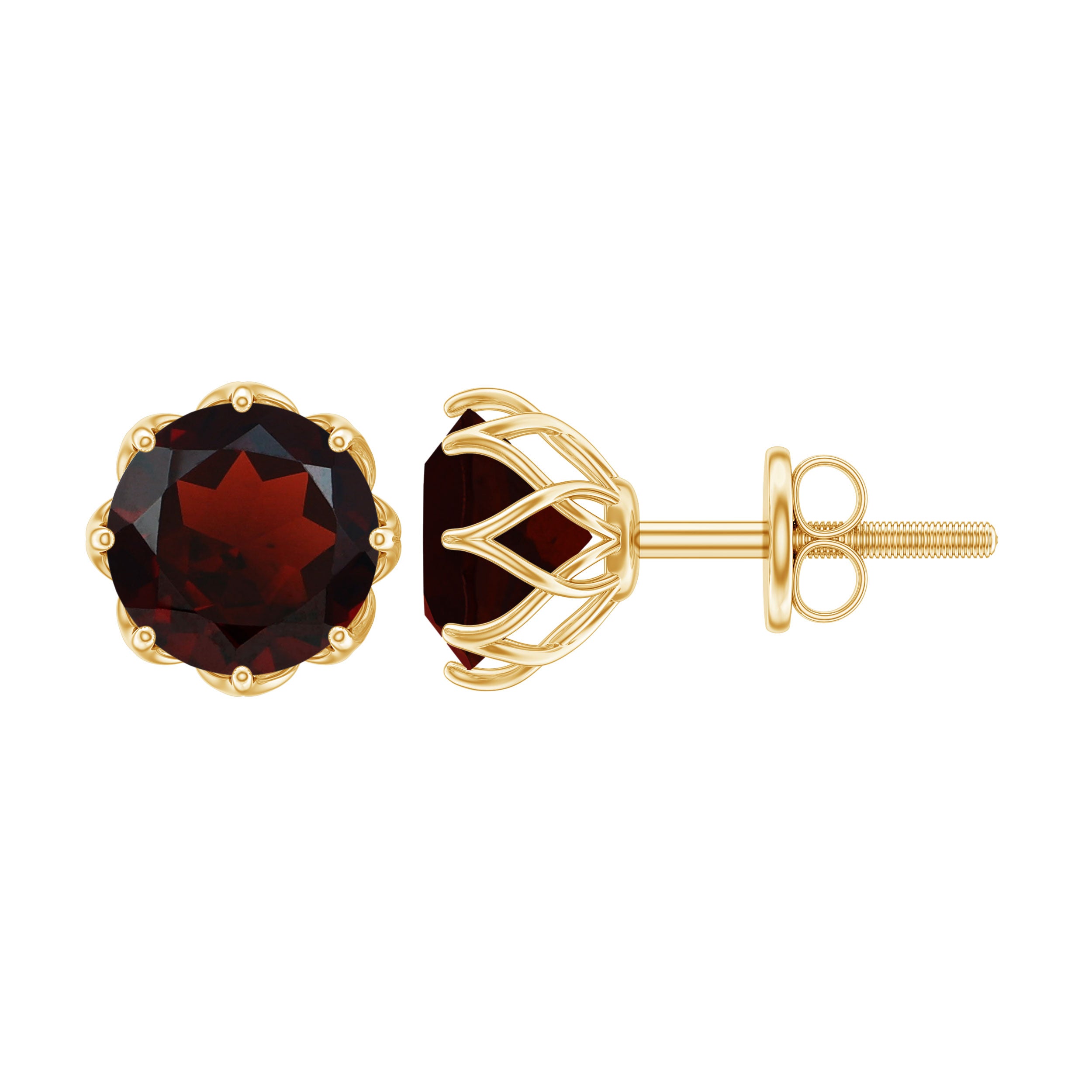 6 MM Decorative Garnet Solitaire Stud Earrings Garnet - ( AAA ) - Quality - Rosec Jewels