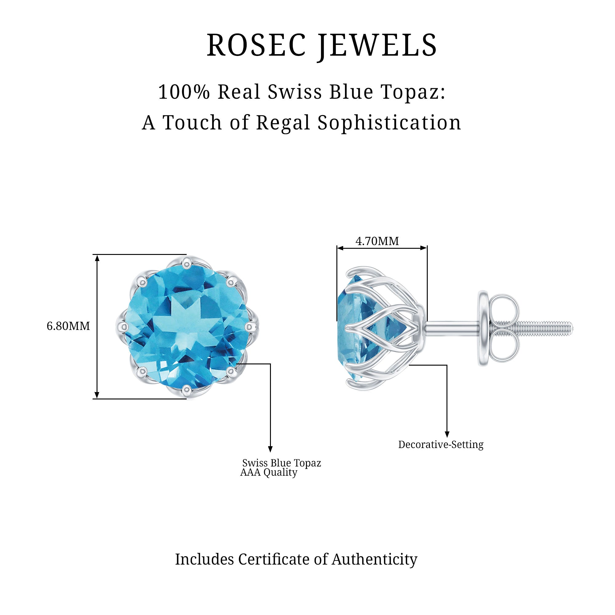 Real Swiss Blue Topaz Stud Earrings For Women Swiss Blue Topaz - ( AAA ) - Quality 92.5 Sterling Silver - Rosec Jewels