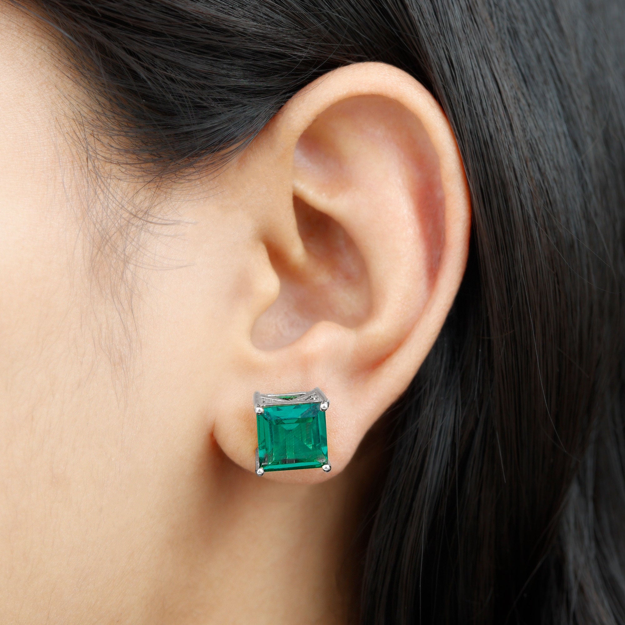 Princess Cut Lab Grown Emerald Solitaire Stud Earrings Lab Created Emerald - ( AAAA ) - Quality - Rosec Jewels