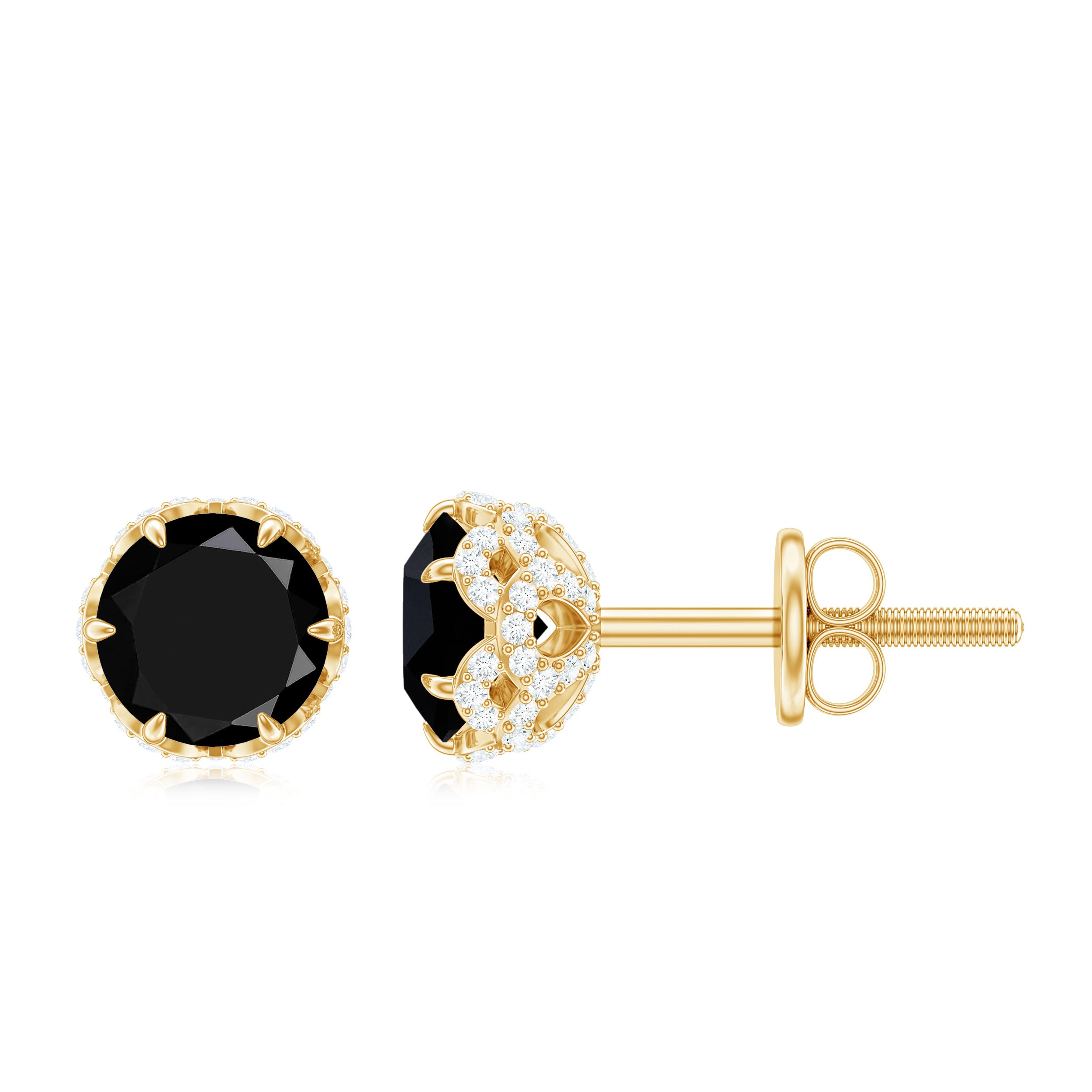 Lotus Basket Set Black Spinel Solitaire Stud Earrings with Diamond Accent Black Spinel - ( AAA ) - Quality - Rosec Jewels