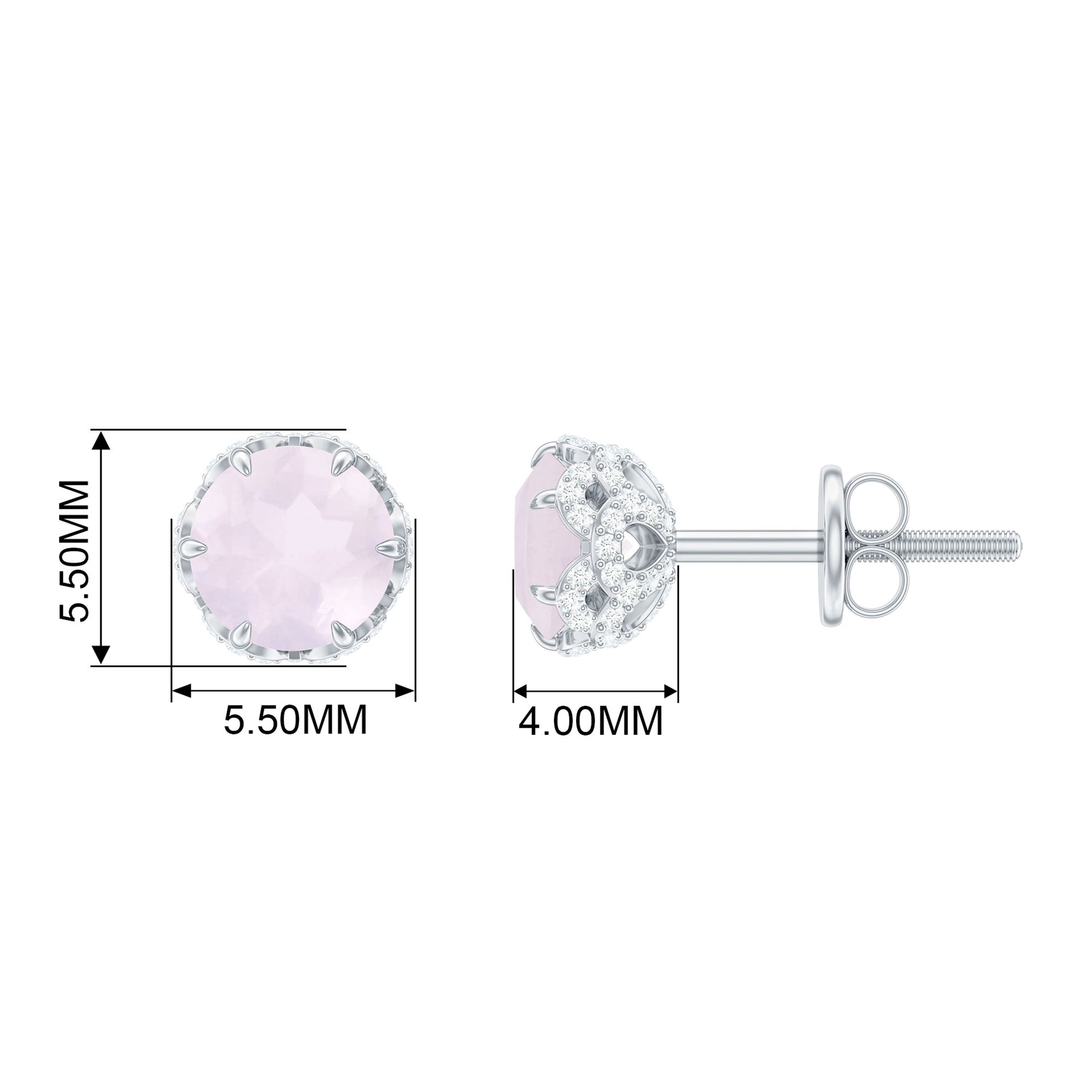 Designer Rose Quartz Solitaire Stud Earrings with Diamond Accent Rose Quartz - ( AAA ) - Quality - Rosec Jewels