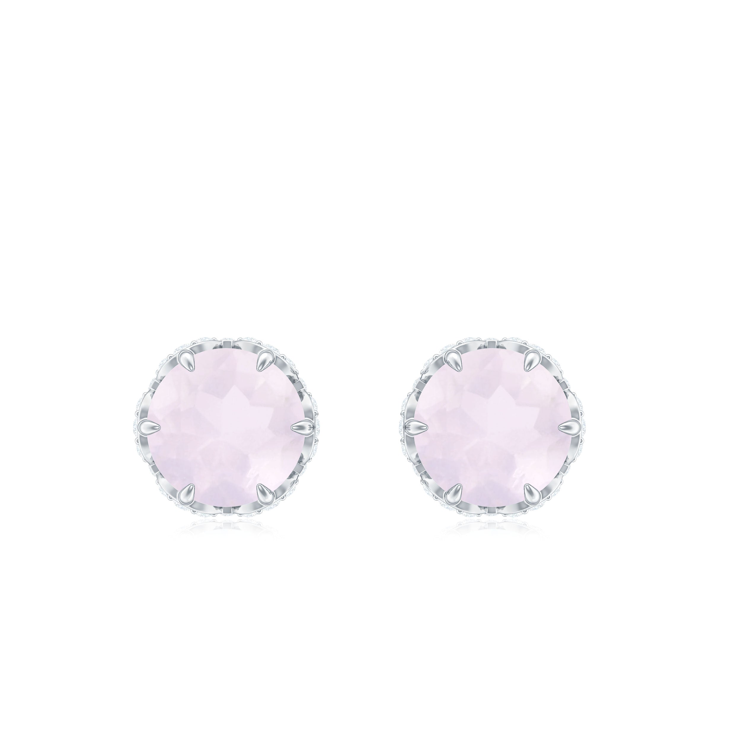 Designer Rose Quartz Solitaire Stud Earrings with Diamond Accent Rose Quartz - ( AAA ) - Quality - Rosec Jewels