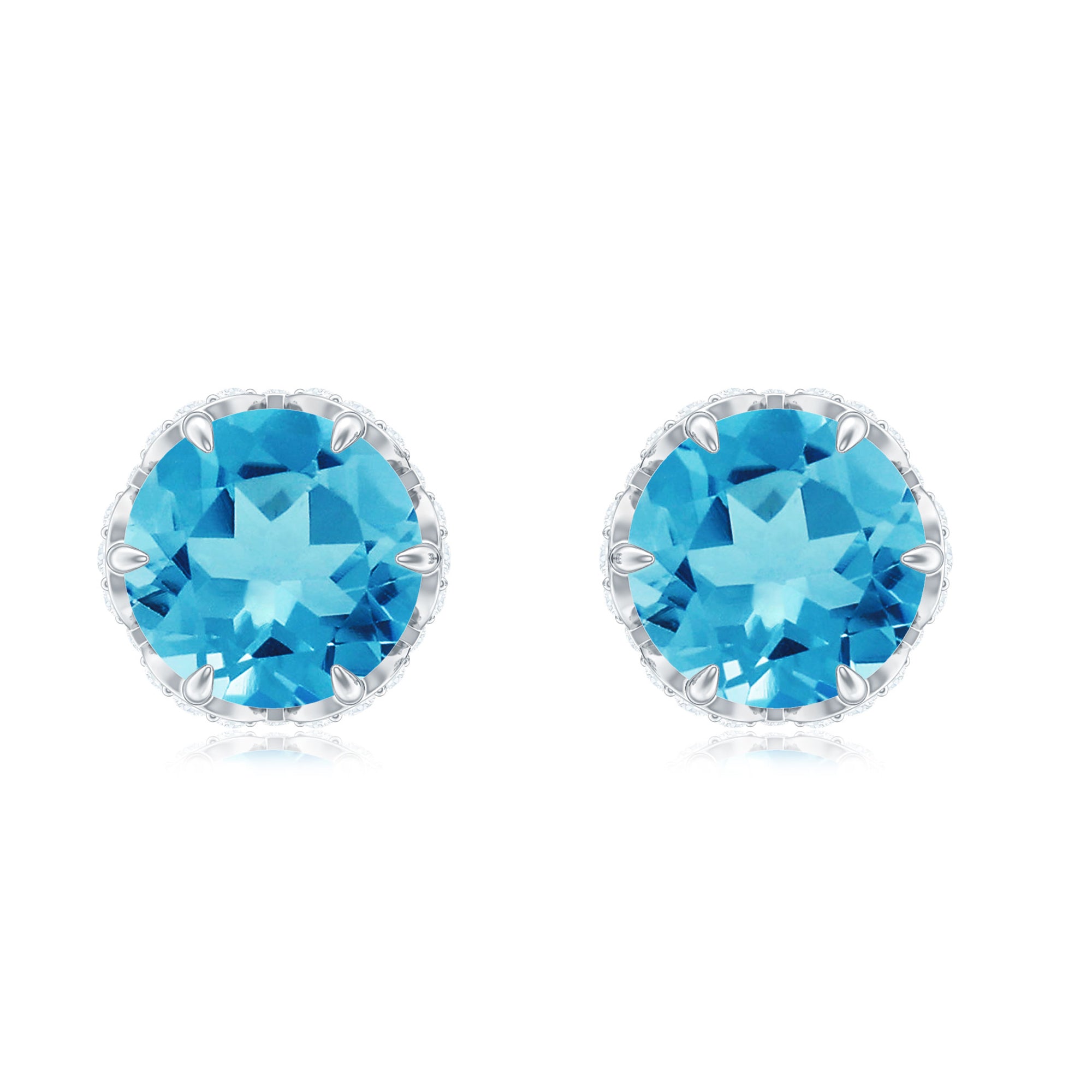 Lotus Basket Set Swiss Blue Topaz Solitaire Stud Earrings with Diamond Accent Swiss Blue Topaz - ( AAA ) - Quality - Rosec Jewels