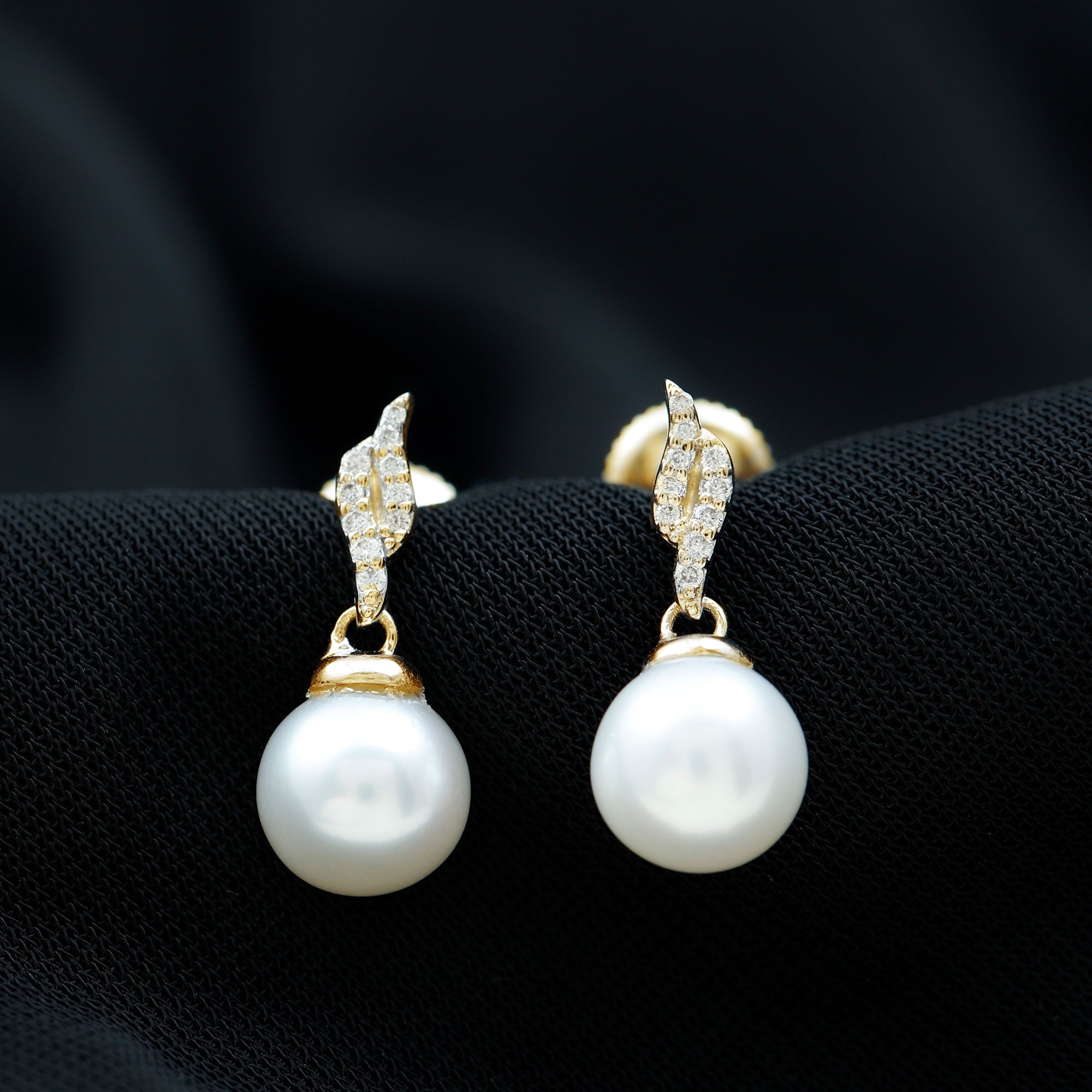 Simple Drop Earrings with Freshwater Pearl and Diamond Stones Freshwater Pearl - ( AAA ) - Quality - Rosec Jewels