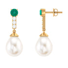 Freshwater Pearl Teardrop Earrings with Moissanite and Emerald Emerald - ( AAA ) - Quality - Rosec Jewels