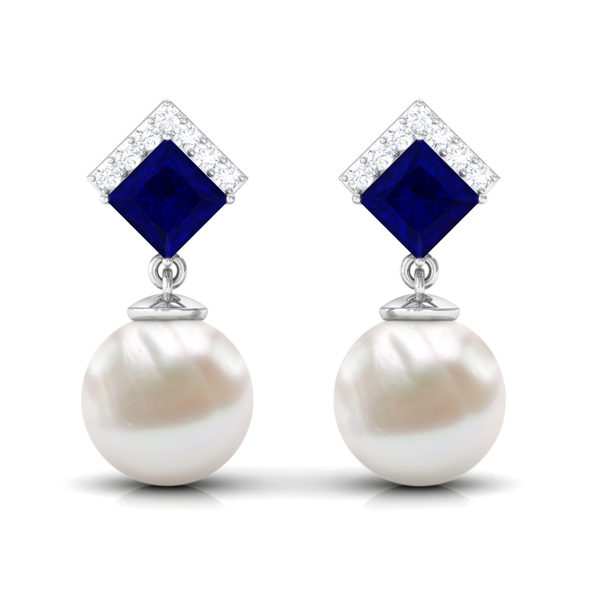 Freshwater Pearl and Blue Sapphire Drop Earrings with Moissanite Blue Sapphire - ( AAA ) - Quality - Rosec Jewels