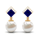 Freshwater Pearl and Blue Sapphire Drop Earrings with Moissanite Blue Sapphire - ( AAA ) - Quality - Rosec Jewels