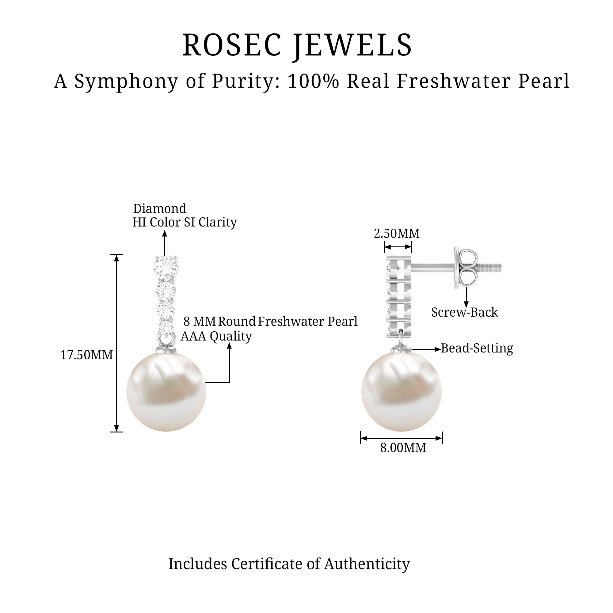 15.25 CT Freshwater Pearl Simple Drop Earrings with Diamond Freshwater Pearl - ( AAA ) - Quality - Rosec Jewels