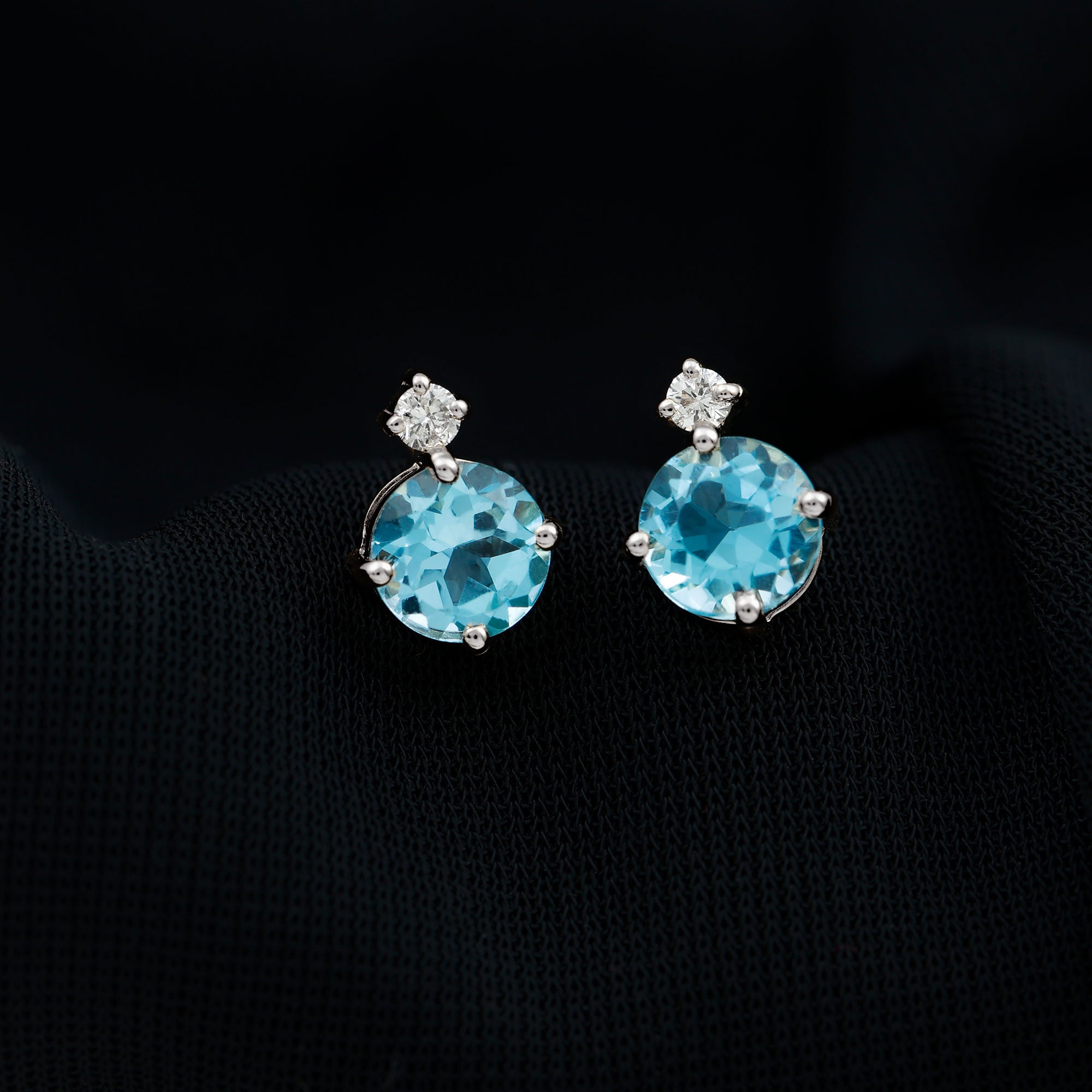 Swiss Blue Topaz Solitaire Silver Stud Earrings with Moissanite Swiss Blue Topaz - ( AAA ) - Quality 92.5 Sterling Silver - Rosec Jewels