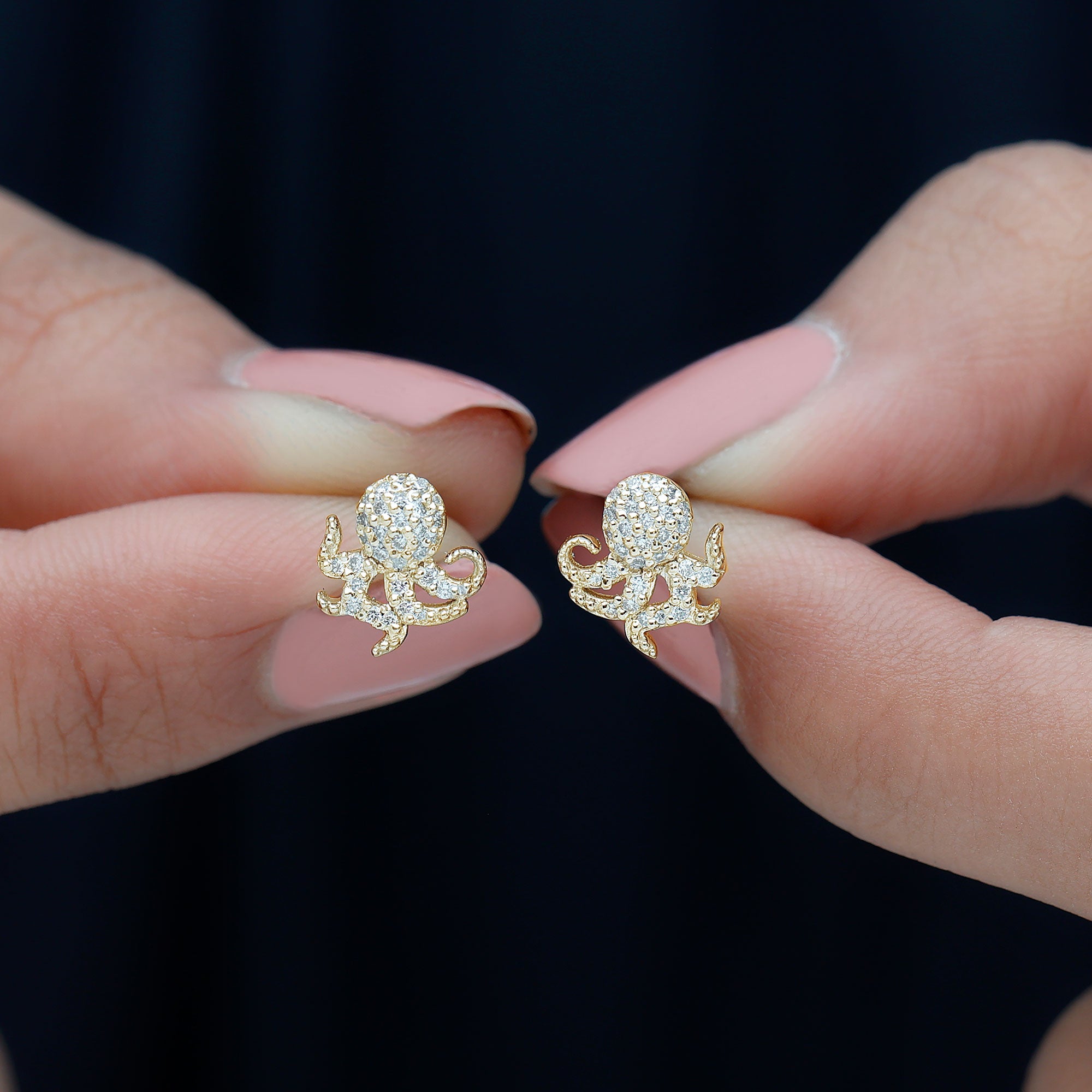 1/4 CT Real Diamond Octopus Stud Earrings in Gold Diamond - ( HI-SI ) - Color and Clarity - Rosec Jewels