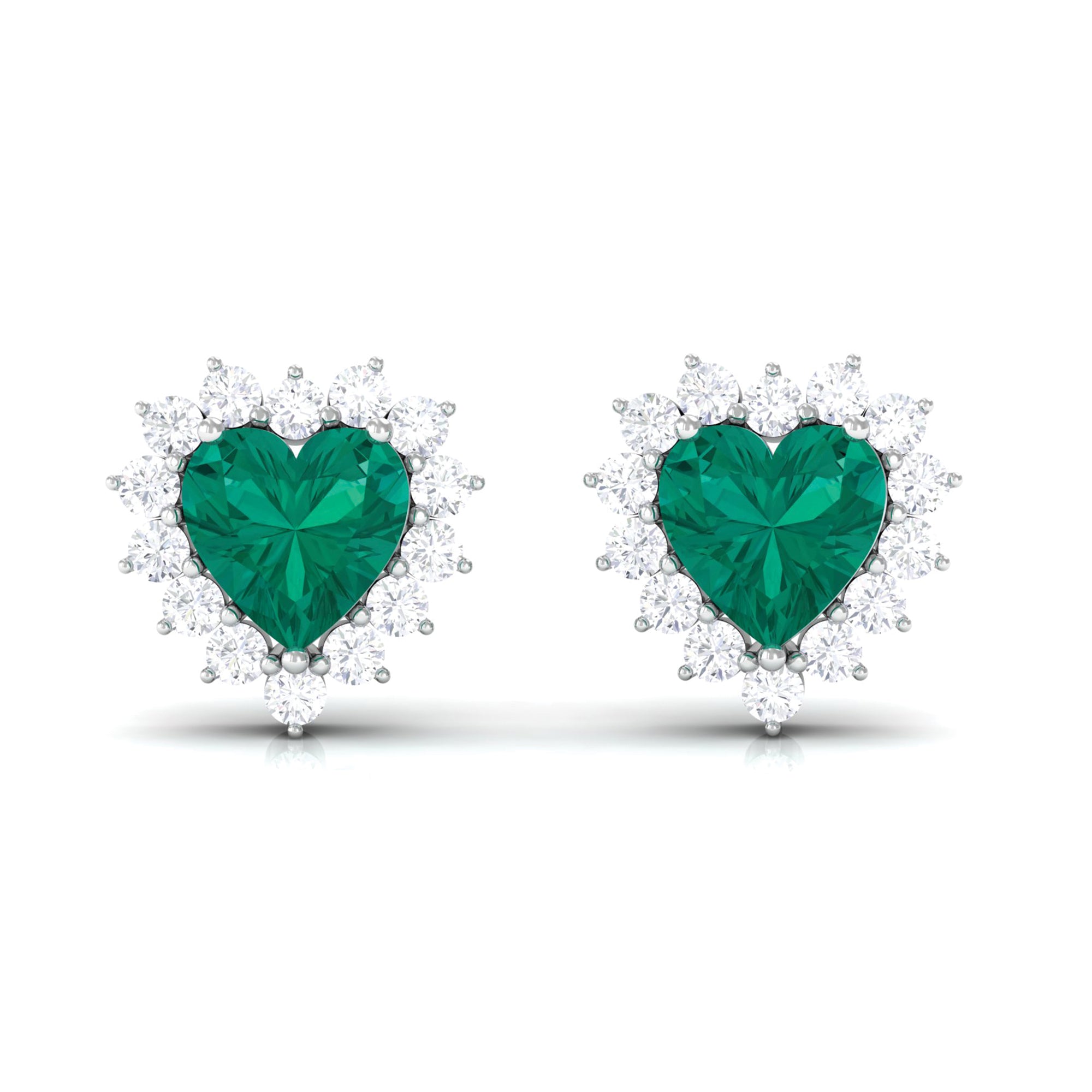 3/4 CT Heart Shape Created Emerald and Diamond Halo Stud Earrings Lab Created Emerald - ( AAAA ) - Quality - Rosec Jewels